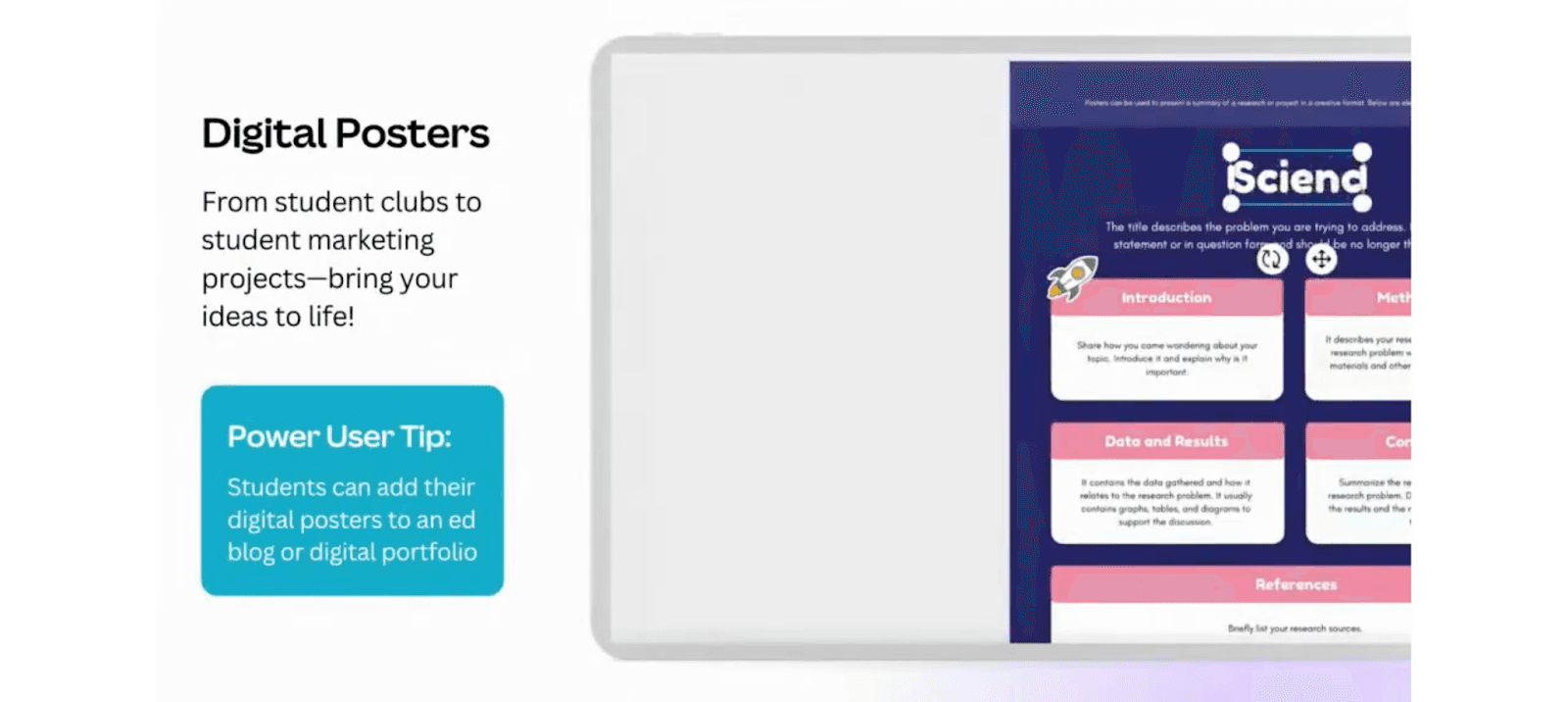 Laptop screen displays a digital science poster with sections for introduction, methods, data, and references. Text on left highlights student use cases and a tip to add posters to blogs or portfolios.