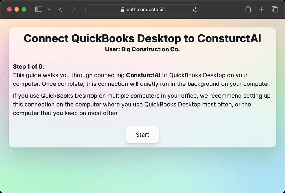 Conductor QuickBooks Desktop auth flow