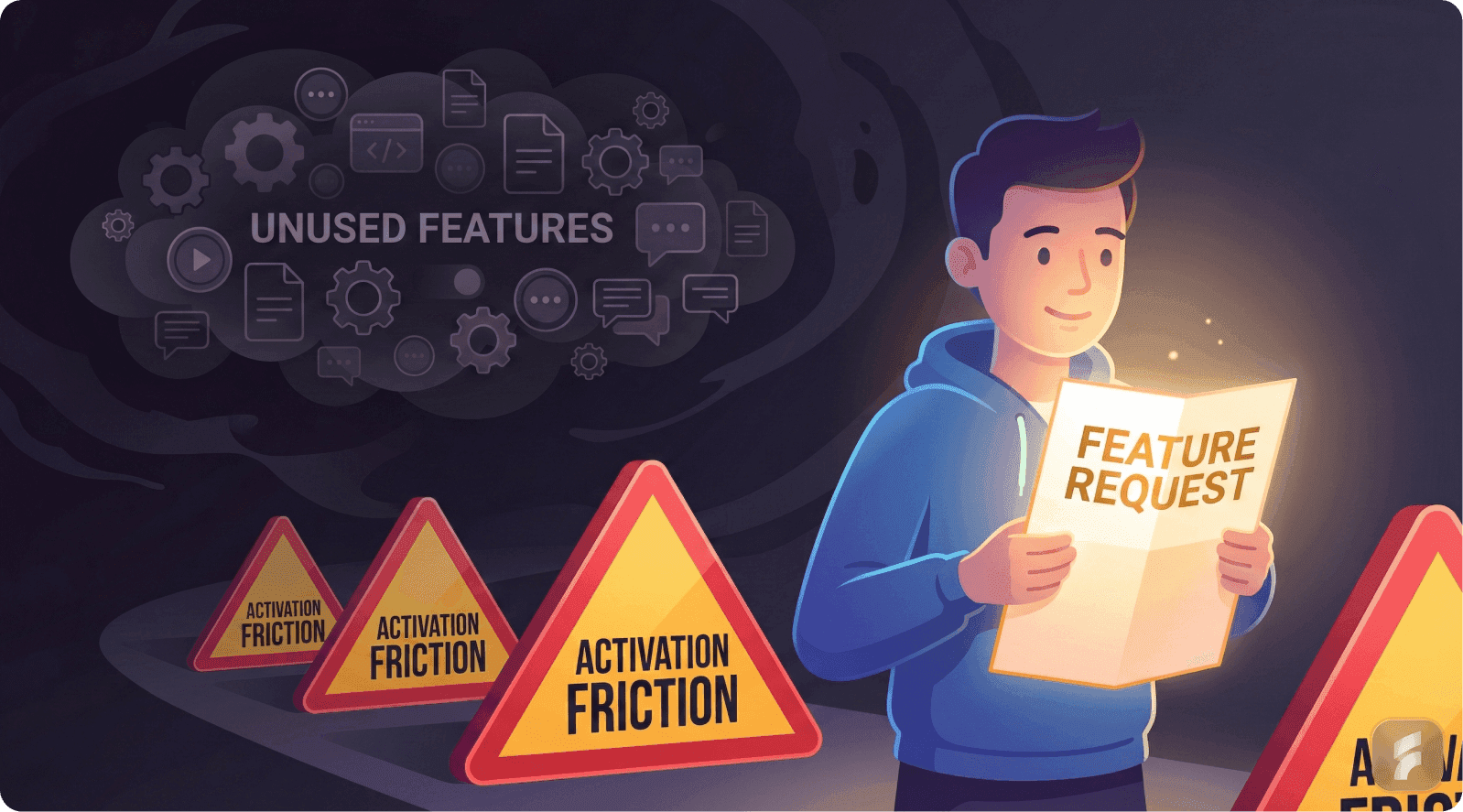 A person holding a feature request form while surrounded by warning signs labeled 'Activation Friction,' illustrating the concept of friction in SaaS feature adoption.