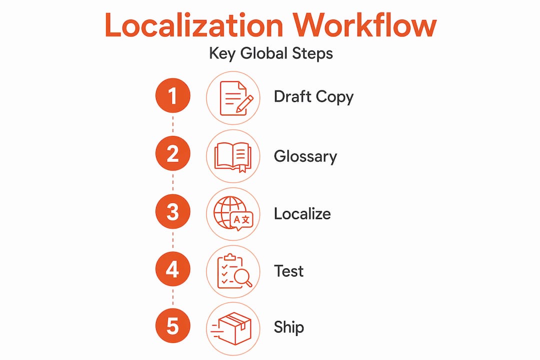 Workflow infographic showing global localization steps