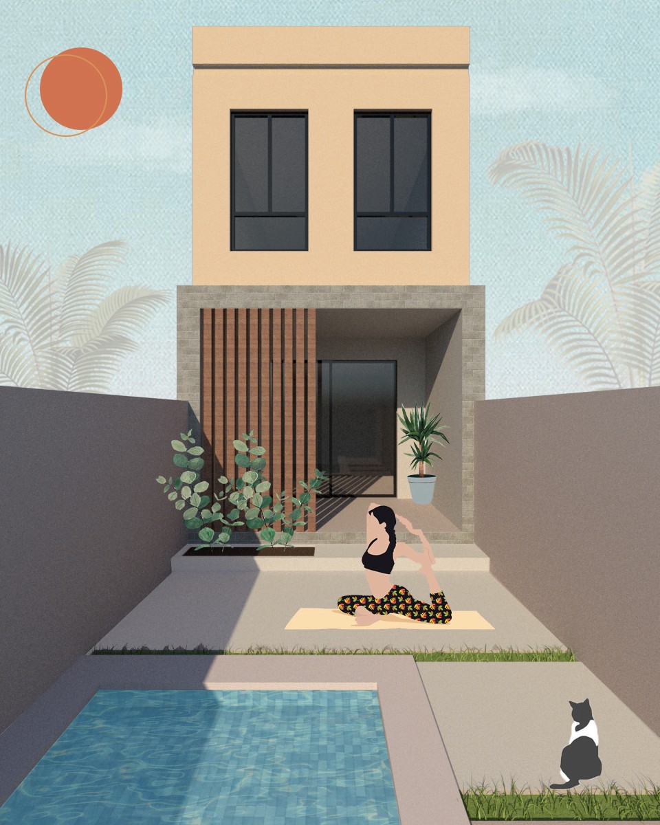 Affiche artistique combinant textures et motifs architecturaux.