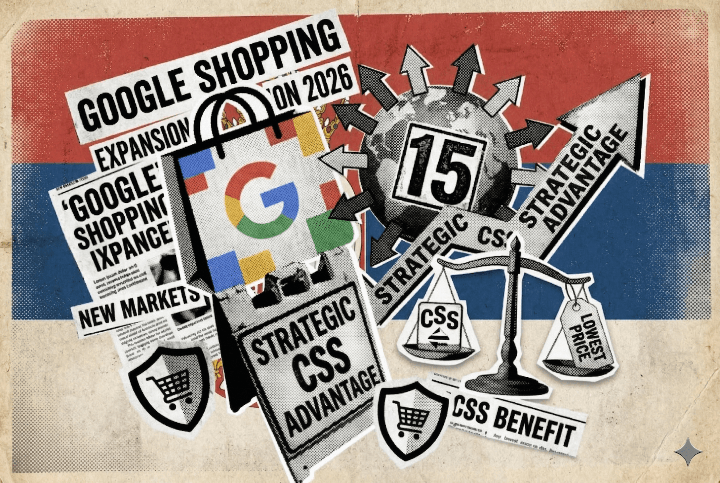 Google Shopping will be available in Serbia in 2026. The picture shows the Serbian Flag and the adantages of Google CSS.