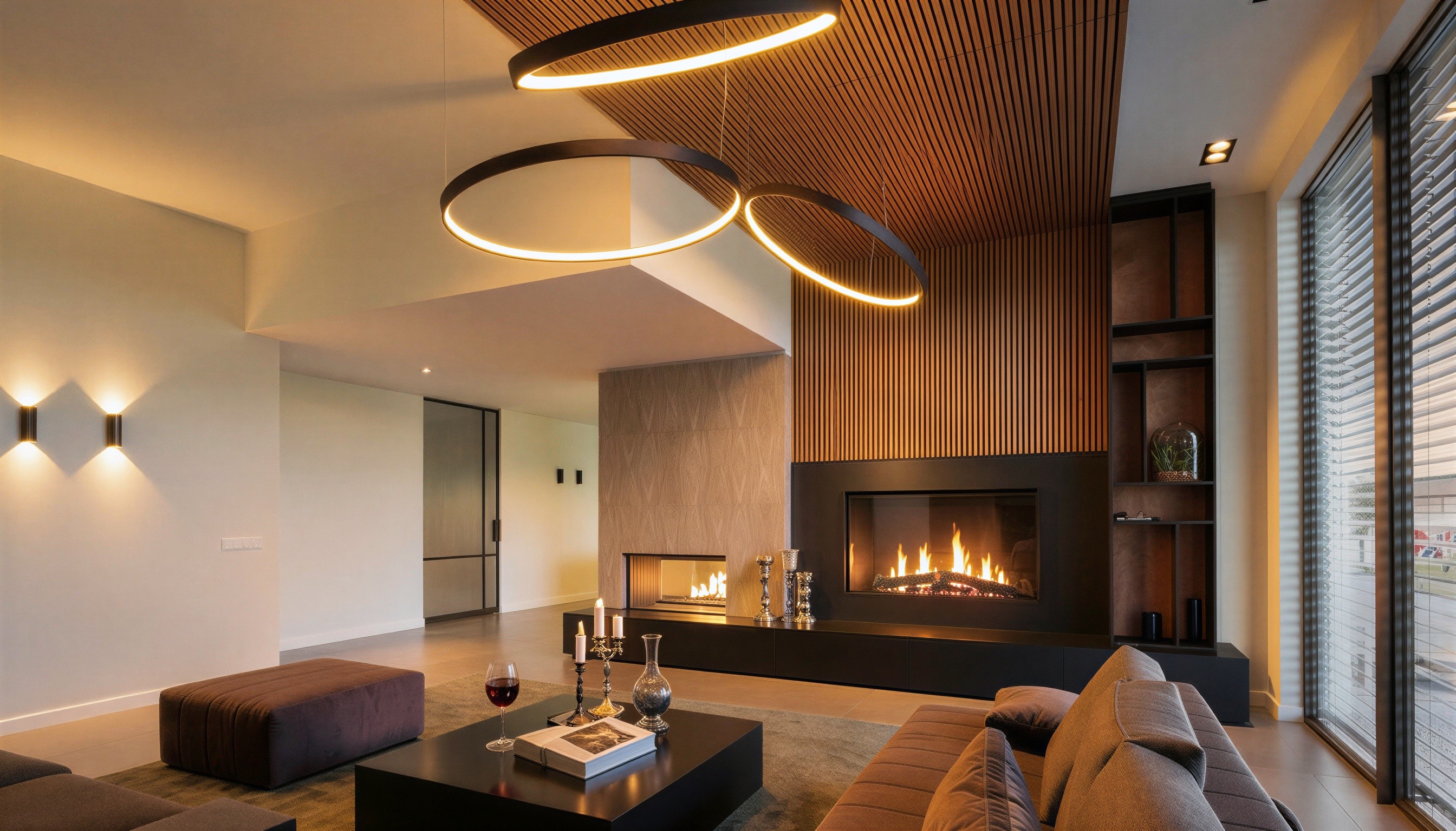 KD&L turn-key woonkamer met architectonische ringverlichting, akoestische houtlamellen en een naadloos geïntegreerde haardwand.