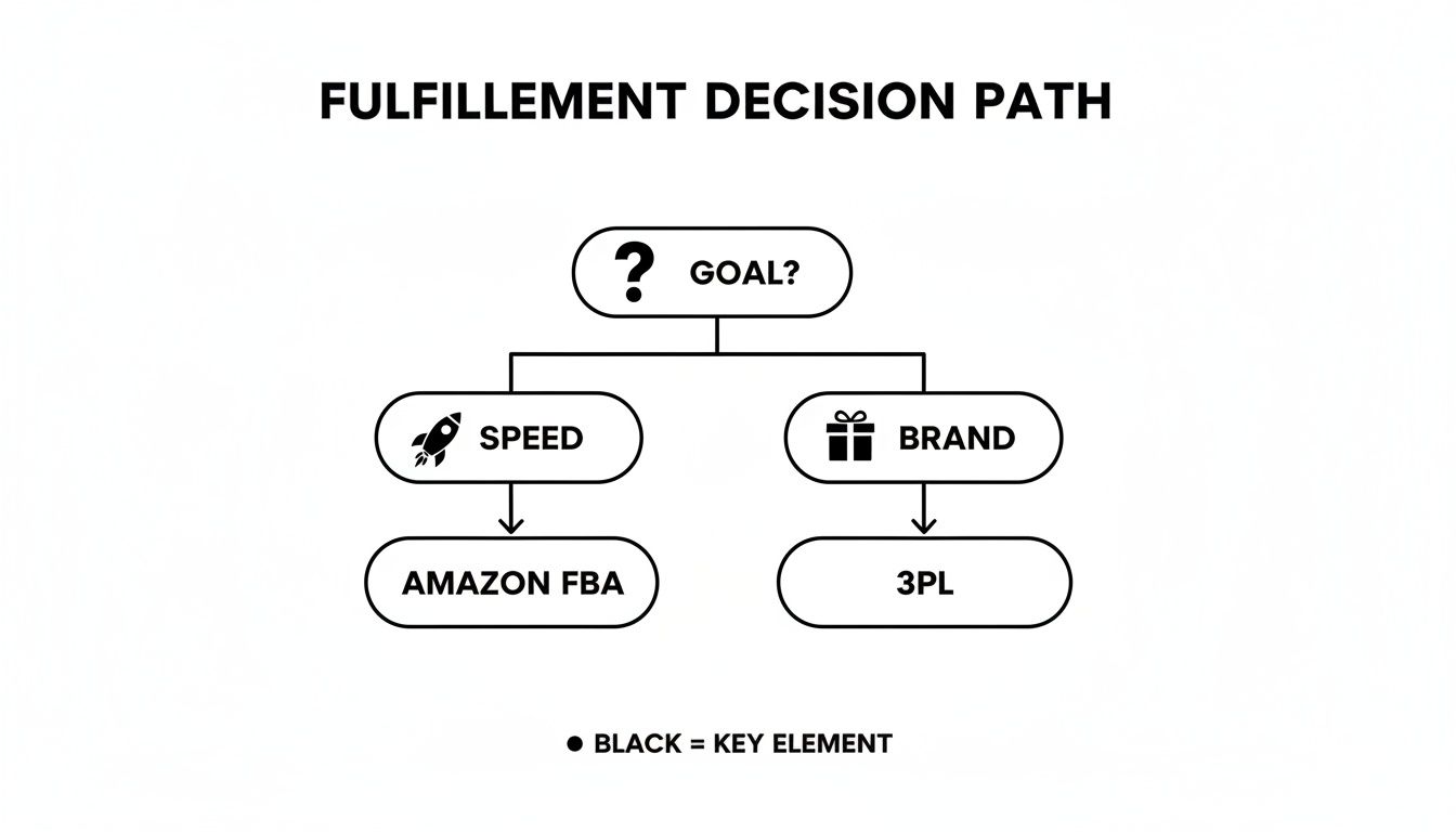 Flowchart illustrating fulfillment decision path, choosing Amazon FBA for speed or 3PL for brand focus.