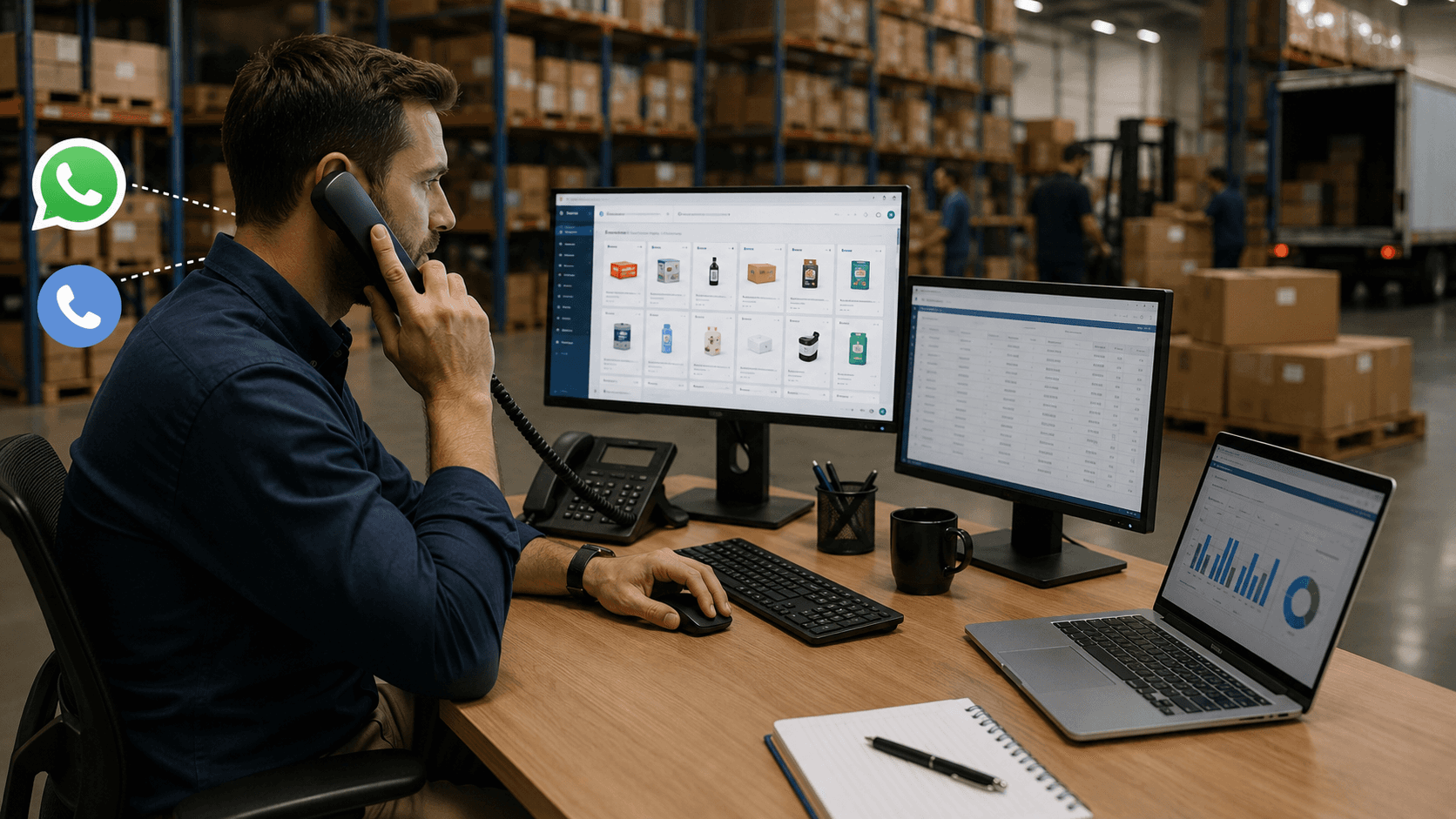 Homem trabalhando em uma distribuidora, atendendo um cliente por telefone enquanto acompanha pedidos em telas de computador integradas ao e-commerce e ao ERP. Ao fundo, funcionários movimentam mercadorias em um centro de distribuição, representando a transição gradual das vendas por telefone e WhatsApp para o canal digital.