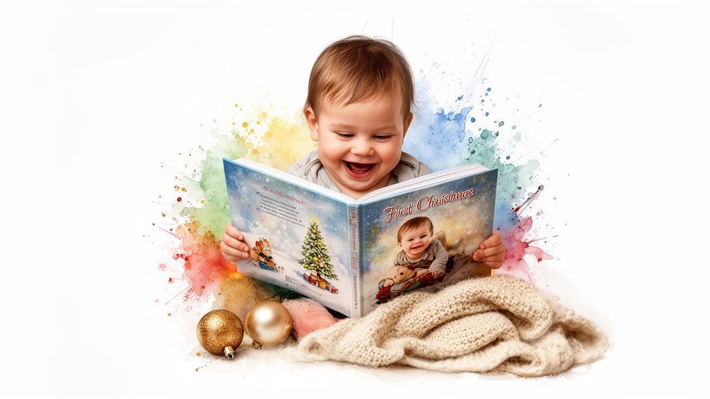A joyful baby laughs while holding an open 