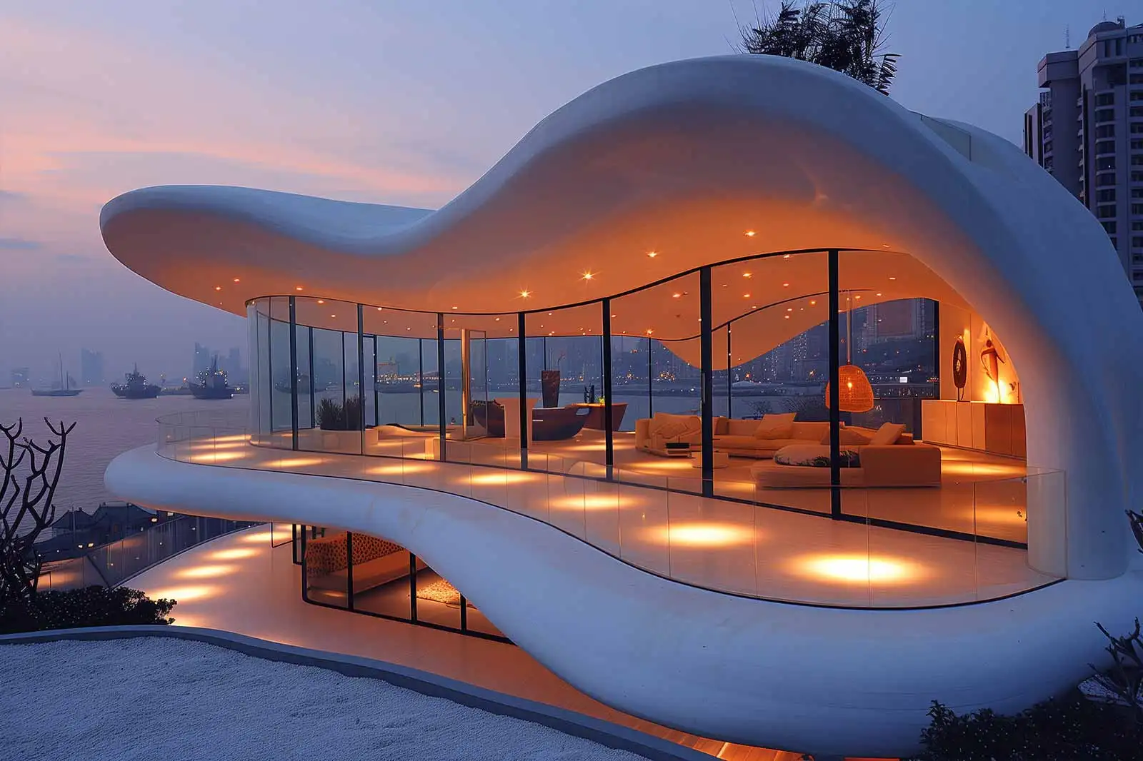 Futuristic white curved building with large glass windows and a brightly lit interior, overlooking a waterfront cityscape at dusk