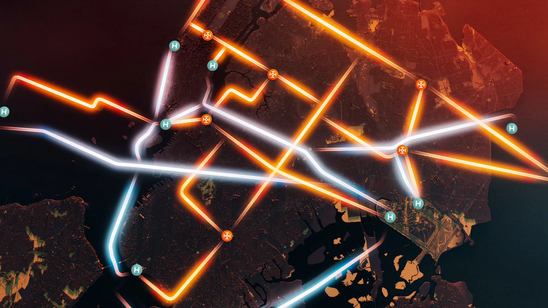 Stylized aerial map showing glowing flight routes connecting vertiports across a city