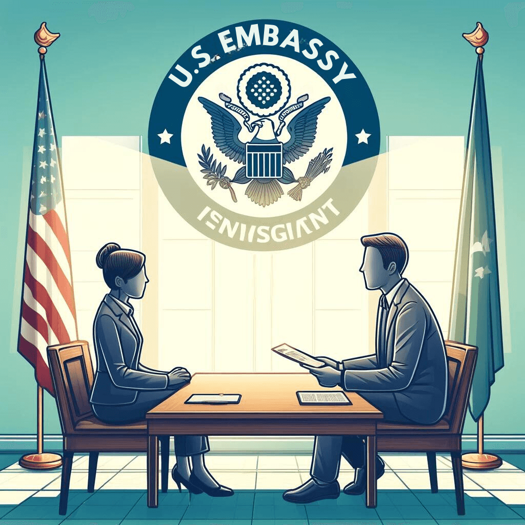 Hopeful visa applicant engaging positively with a consular officer during an interview at a U.S. embassy, symbolizing well-prepared and successful consular processing.