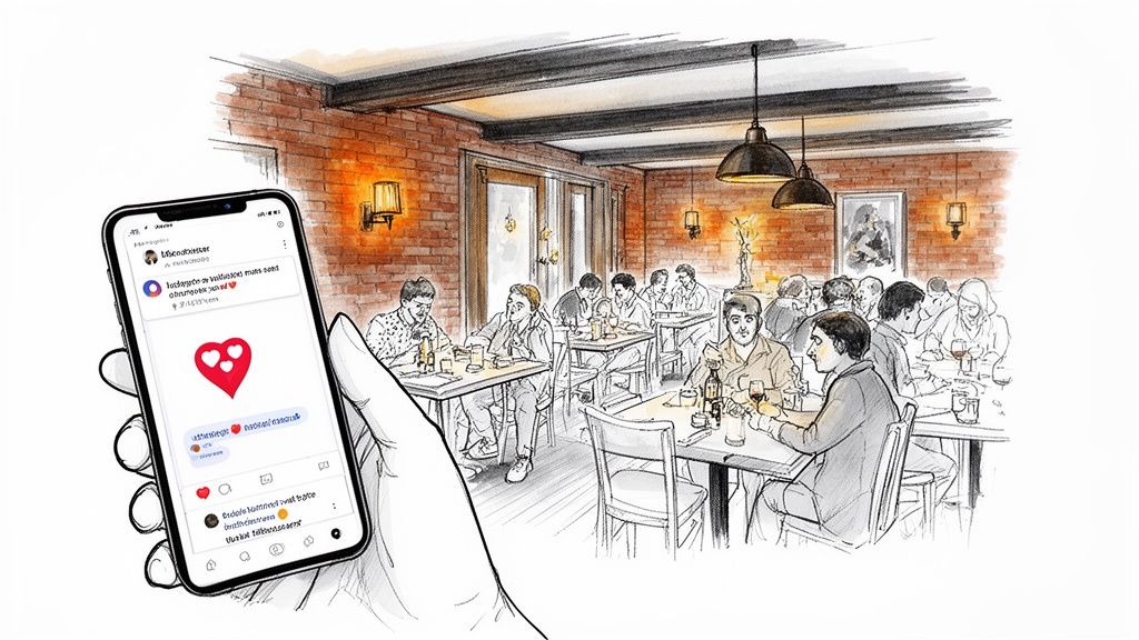 A hand holds a smartphone displaying a social media post with hearts, overlaid on a busy restaurant scene.