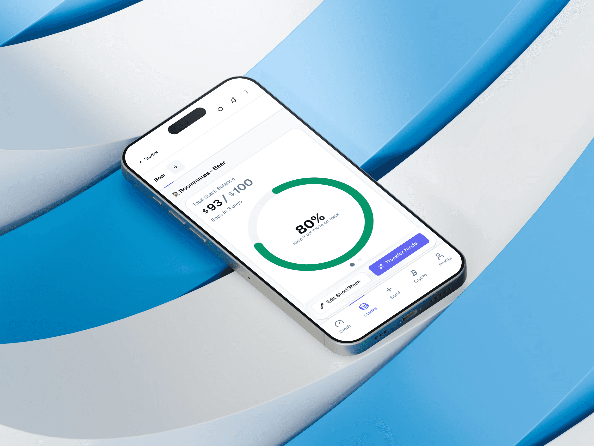 WeStack app showing a ShortStack for quick expenses with group contributions and progress toward a shared payment goal