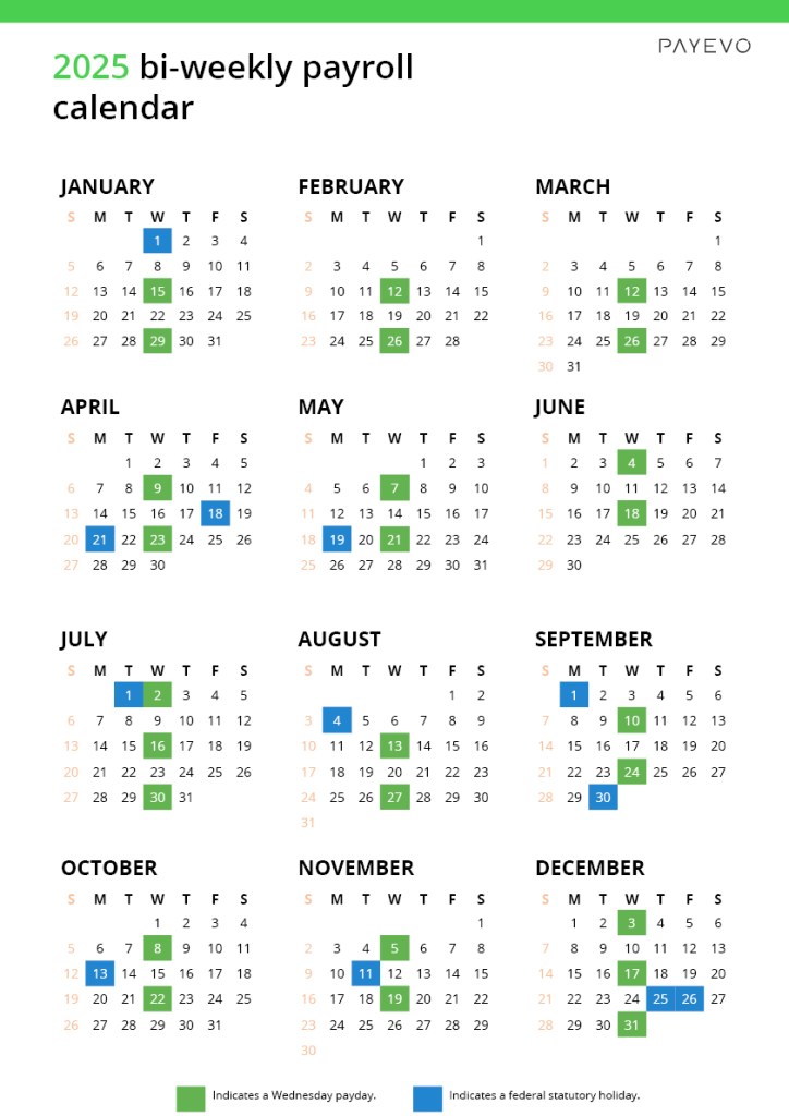 2025 Bi-weekly payroll calendar for Canadian small business owners.