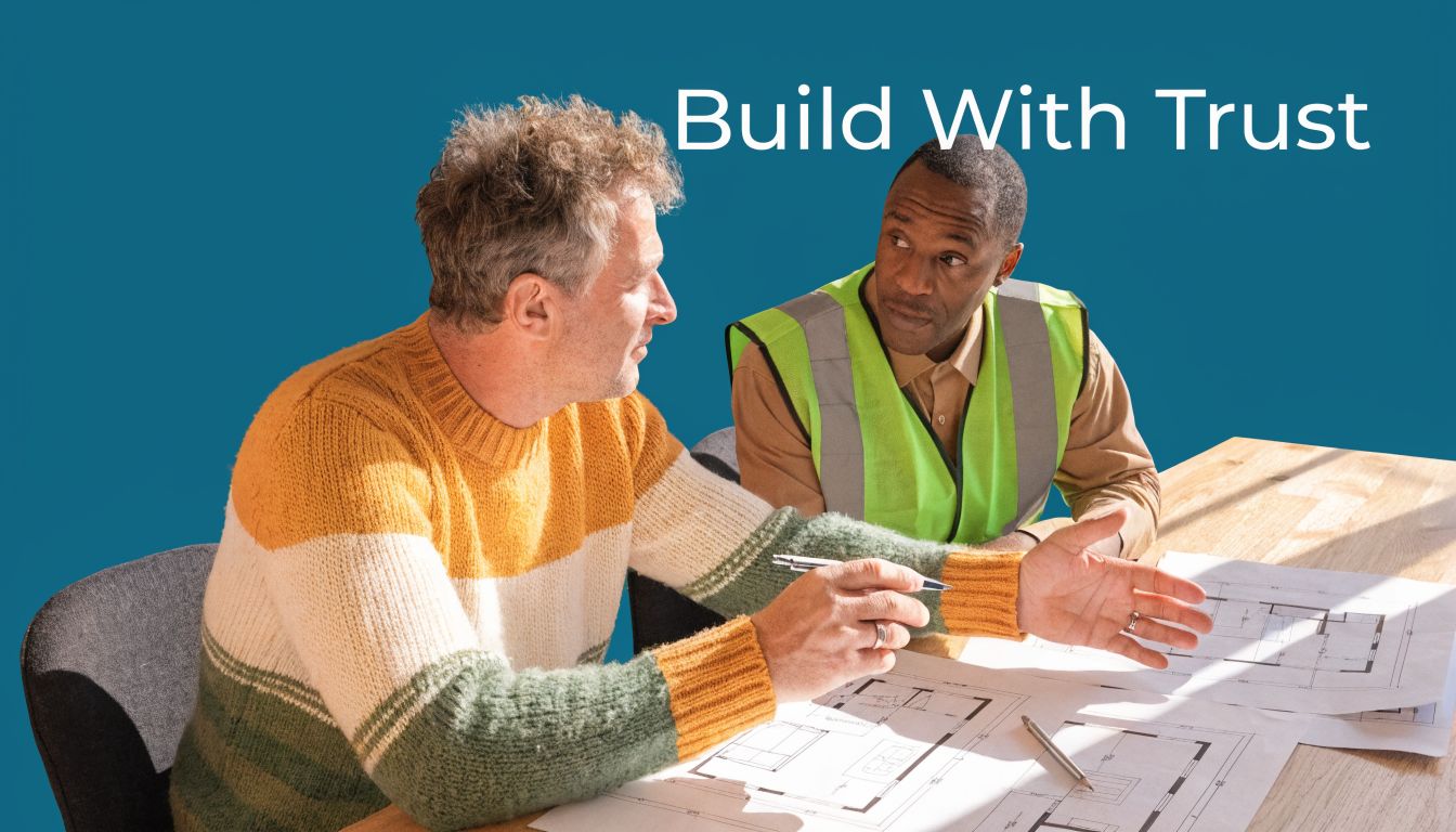 An architect in a sweater discusses building plans with a construction worker wearing a high-visibility vest.