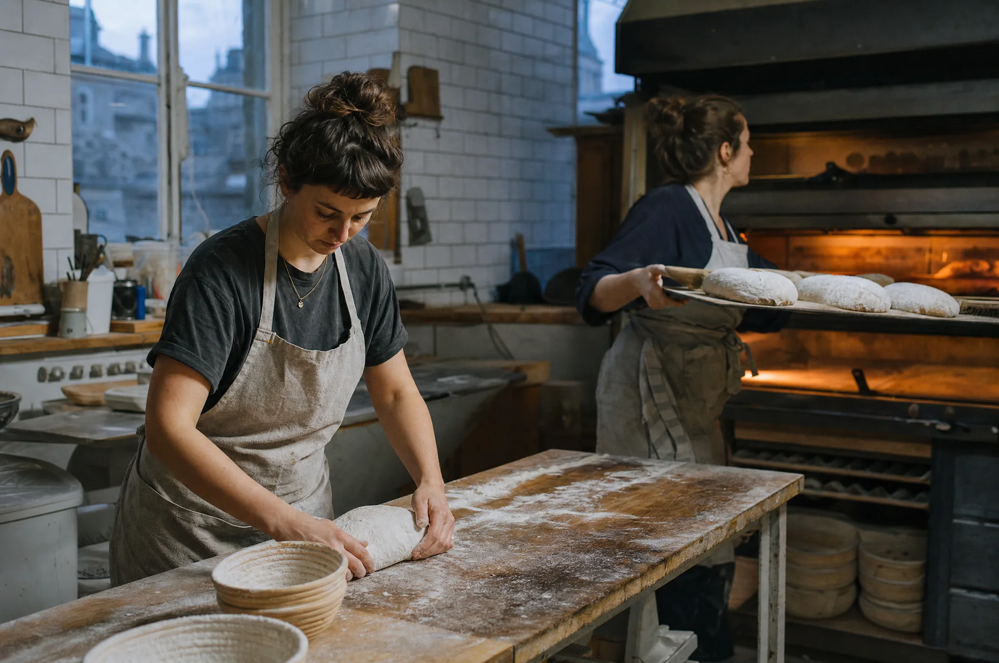 A baker shaping a loaf while another carries a tray to the oven