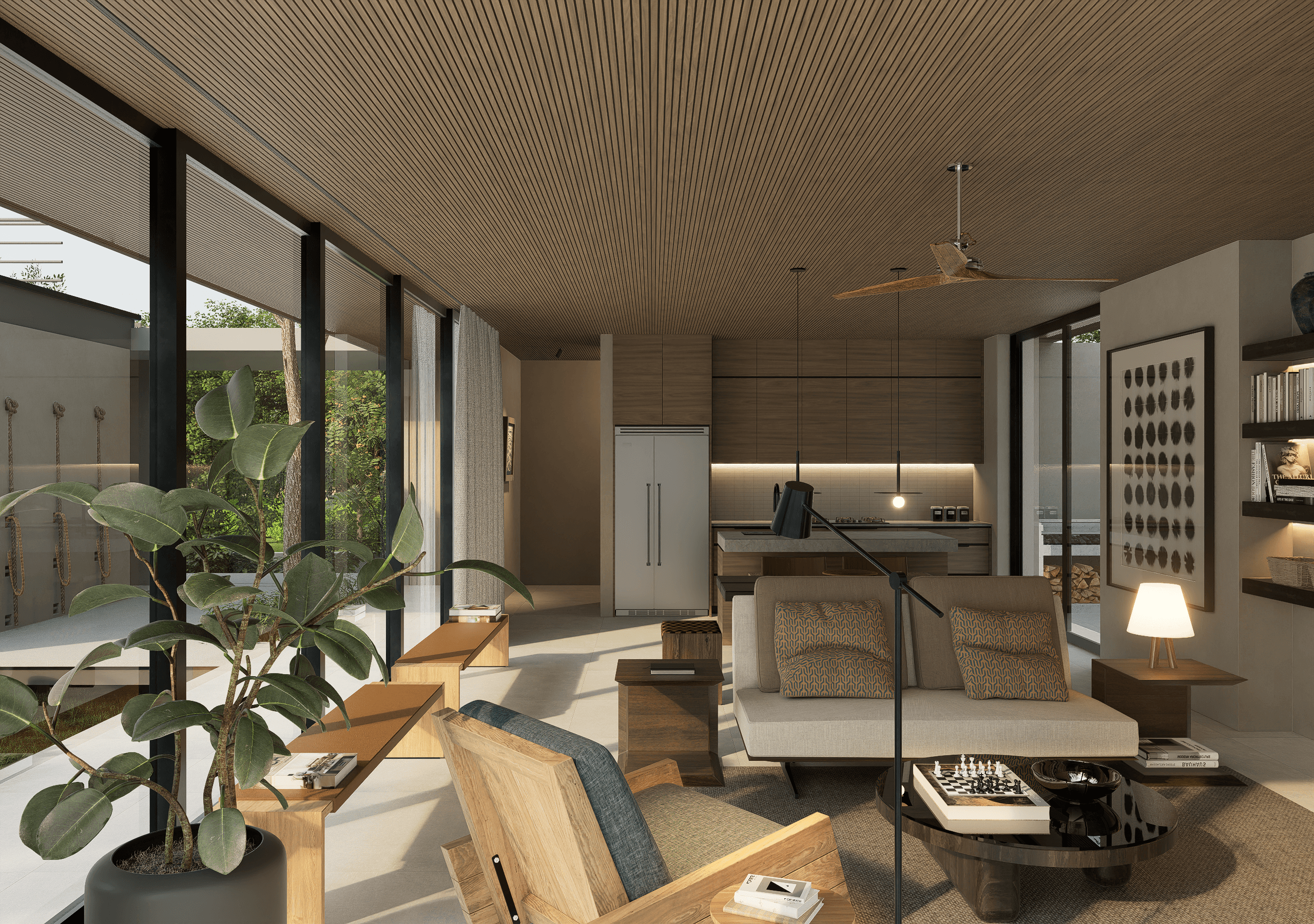 Warm timber interior with lake views — MP House by Hurtado Arquitectos, Nicaragua