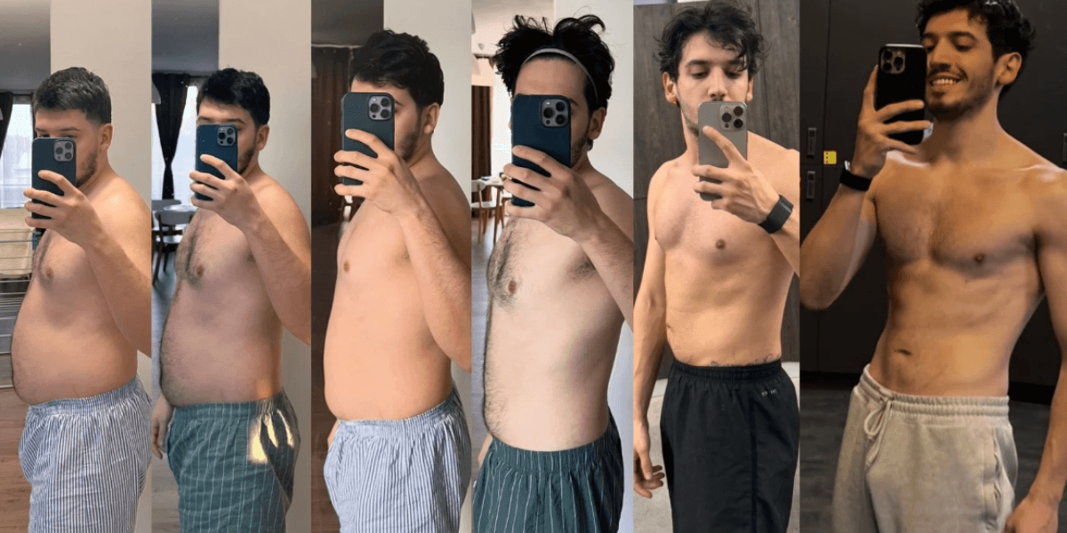 Side-by-side body transformation selfies showing man’s weight loss progress from overweight to lean physiqu