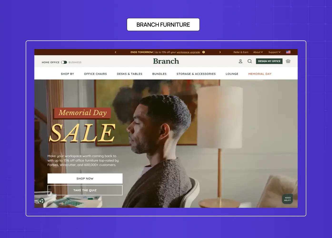 Branch Furniture website showcasing office furniture sales with lifestyle imagery and workspace-focused branding.