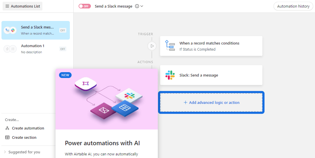 Airtable automation templates with the option to build automation with AI or set conditions.