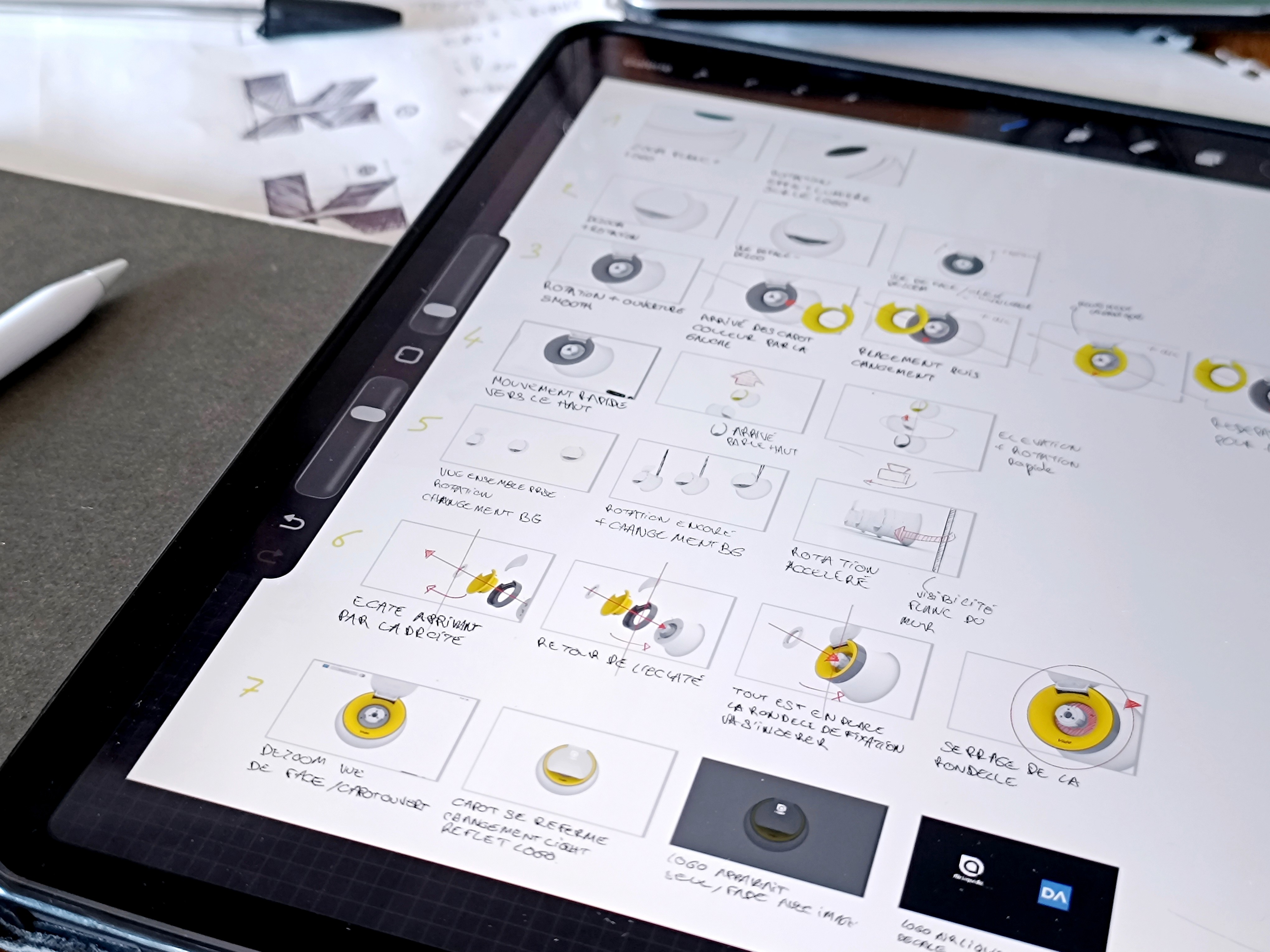 Scénario frame par frame complet de l'animation dessiné sur un ipad.