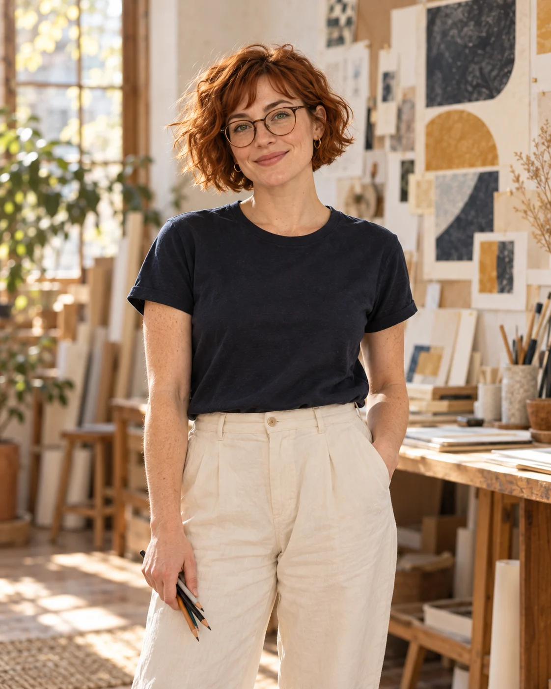 Anna Brooks with a copper-red bob and round glasses near the studio pinboard
