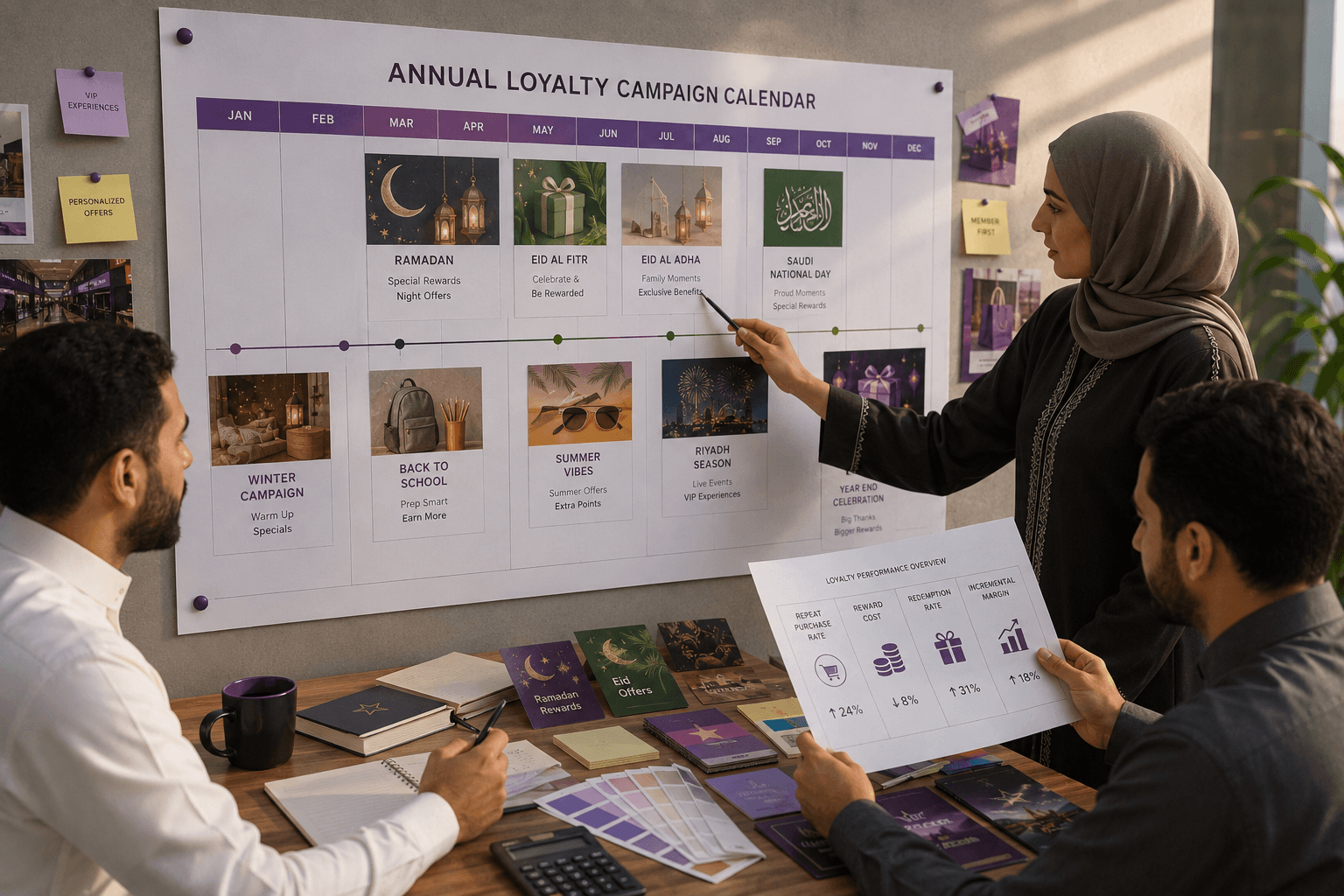 Loyalty team planning Saudi seasonal campaigns while reviewing repeat purchases, reward costs, redemption, and incremental margin.