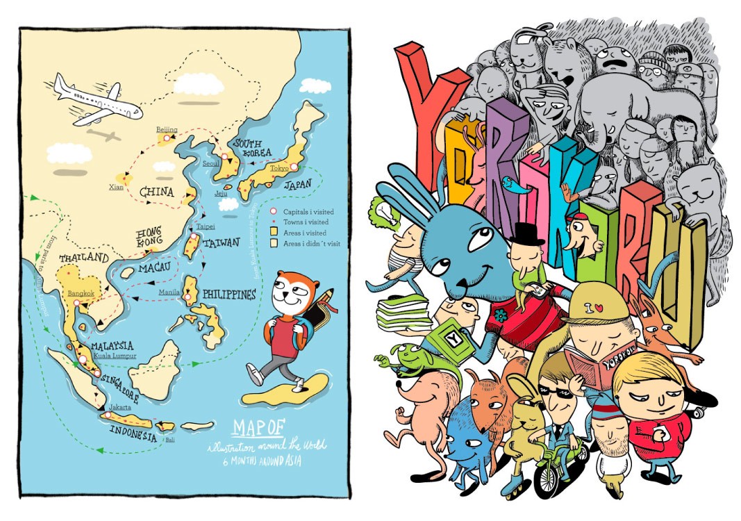 Mapa ilustrado de Asia con personajes animados y rutas de viaje.