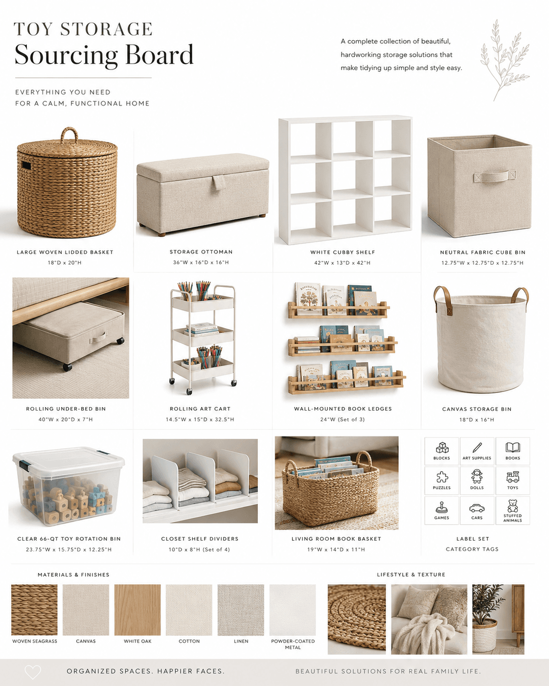 Variety of home storage solutions such as woven baskets, fabric bins, plastic containers, white cubby shelves, rolling utility carts, ottoman storage benches, and wall-mounted shelves for organizing living rooms, bedrooms, and playrooms.