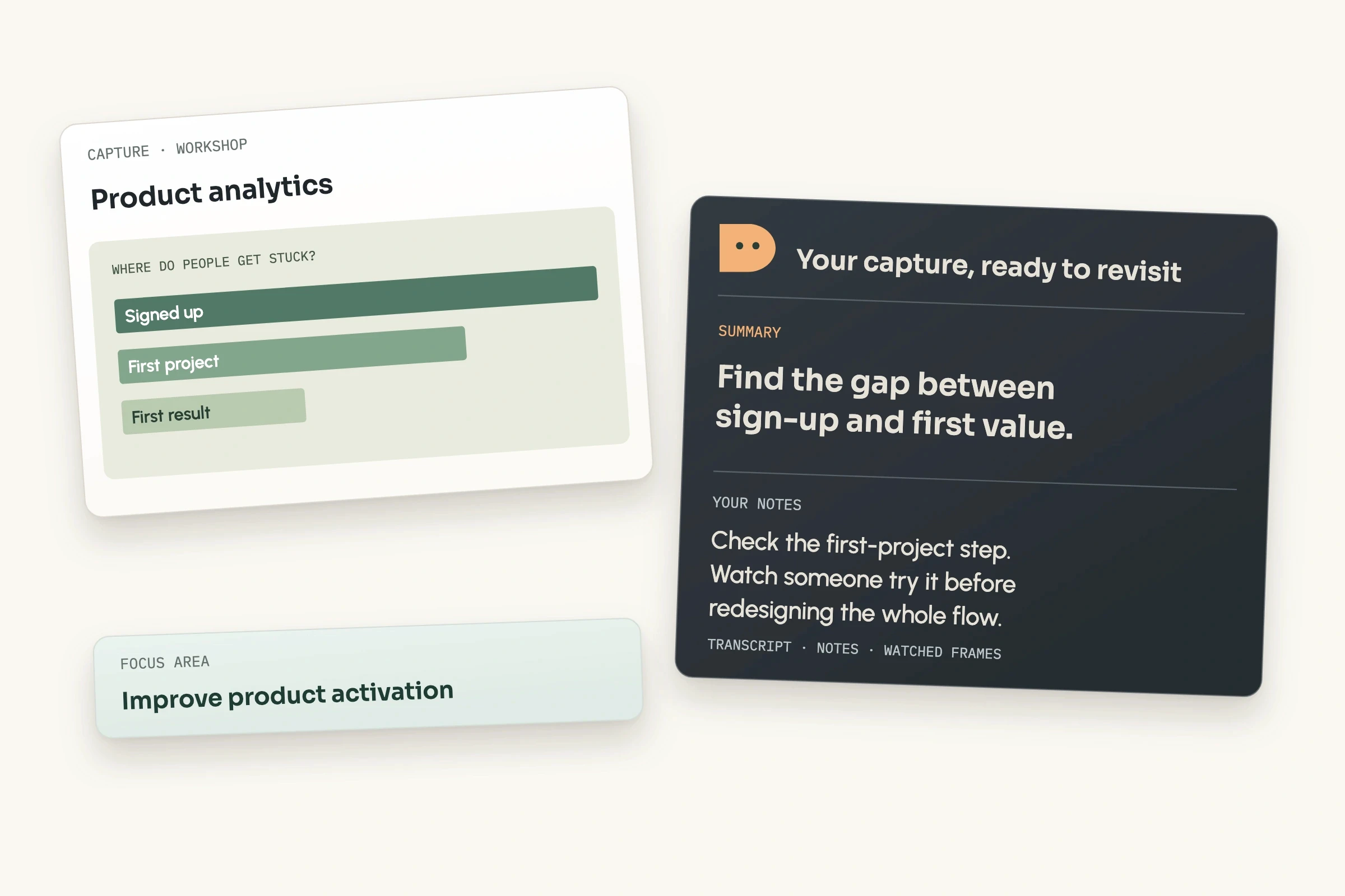 A product analytics workshop captured with its summary, the learner’s notes, and the frames kept from the slides