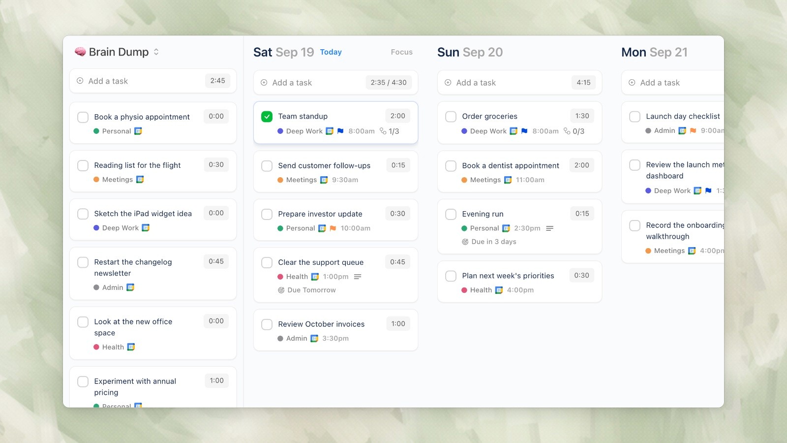 Ellie demo with Brain Dump next to daily task columns.