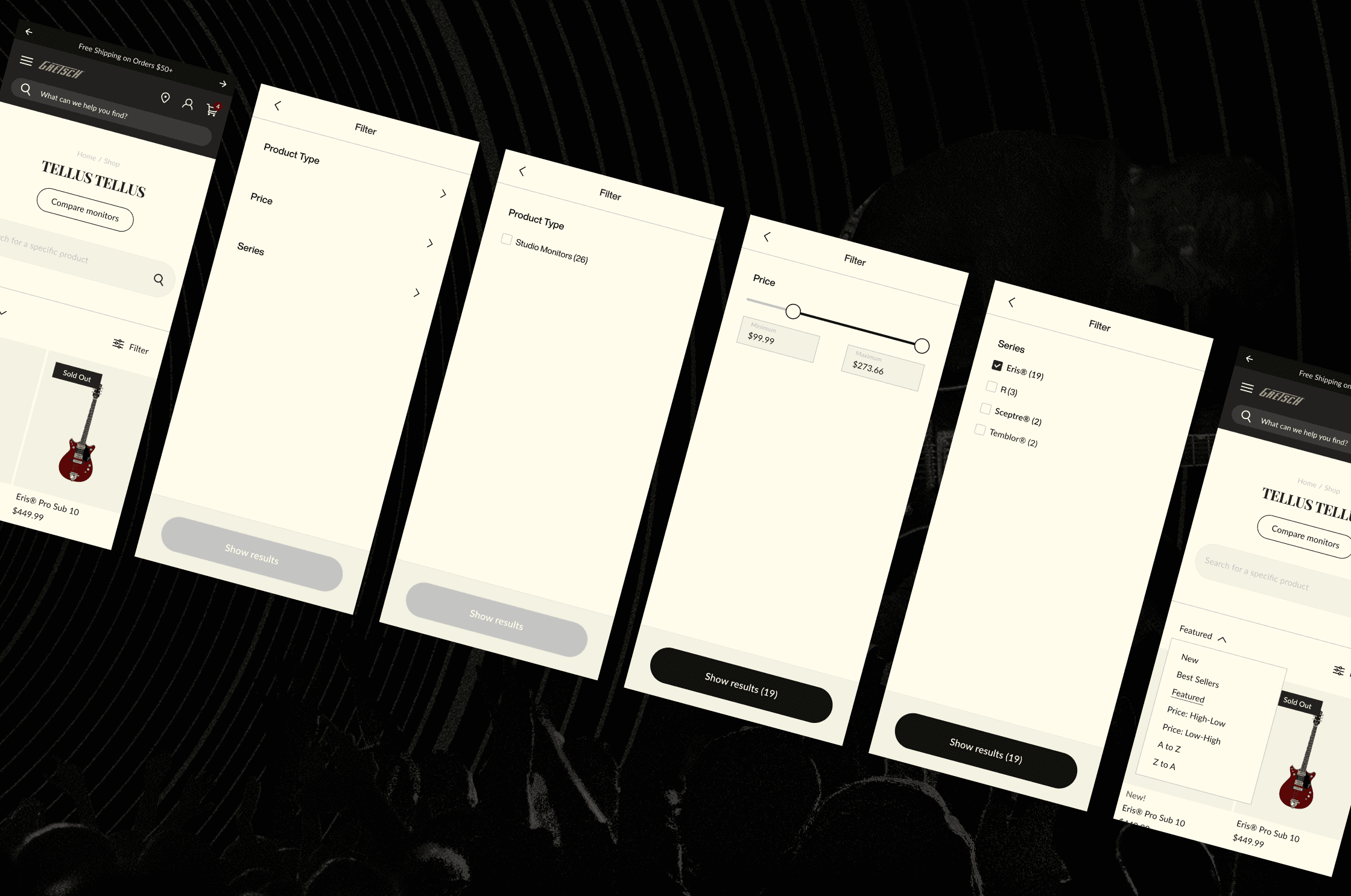 Five mobile screen states showing the Gretsch product filter flow, from empty drawer to active selections.
