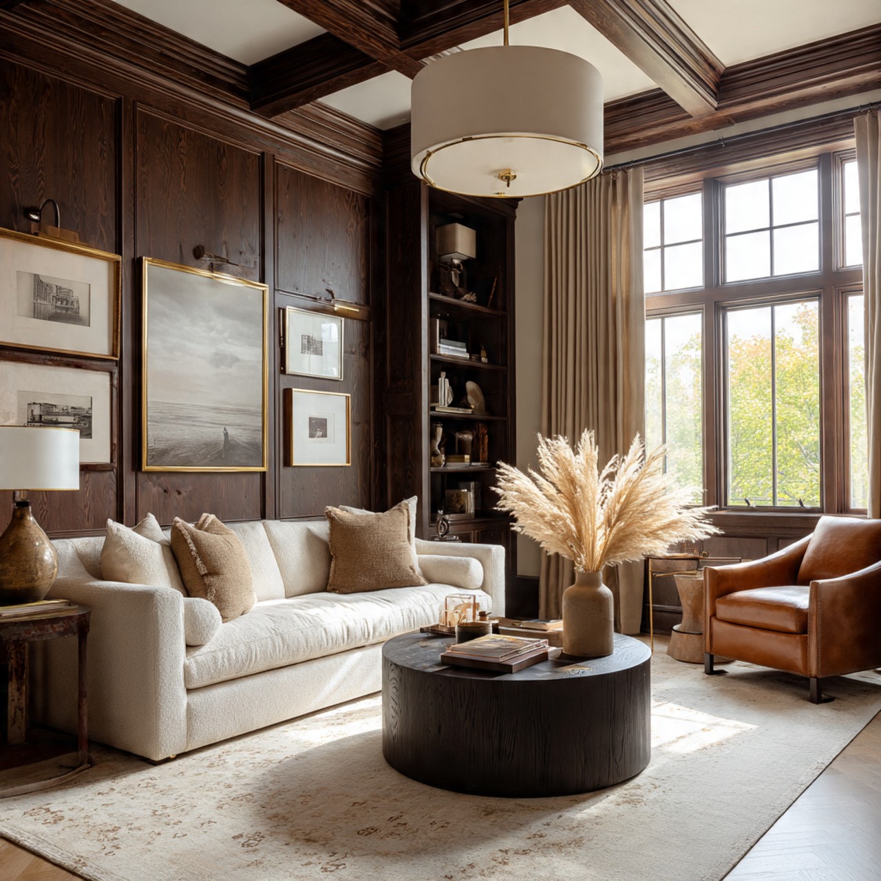 Elegant living room with dark wood paneling, beige sofa, leather chair, pampas grass centerpiece, large window, and soft lighting. Cozy and sophisticated ambiance.