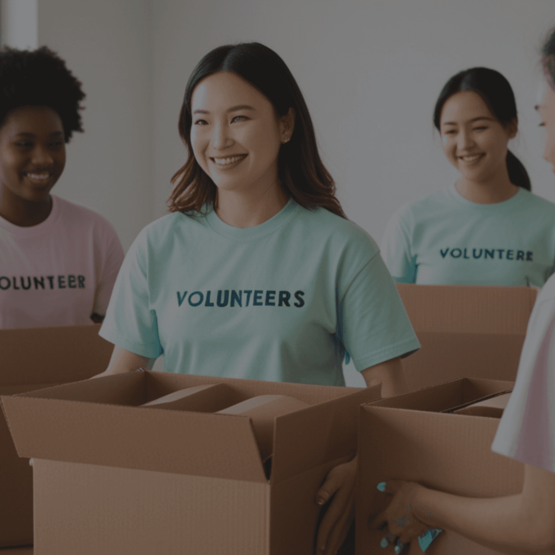 Four women in matching shirts smile while packing boxes together in a bright, indoor space.