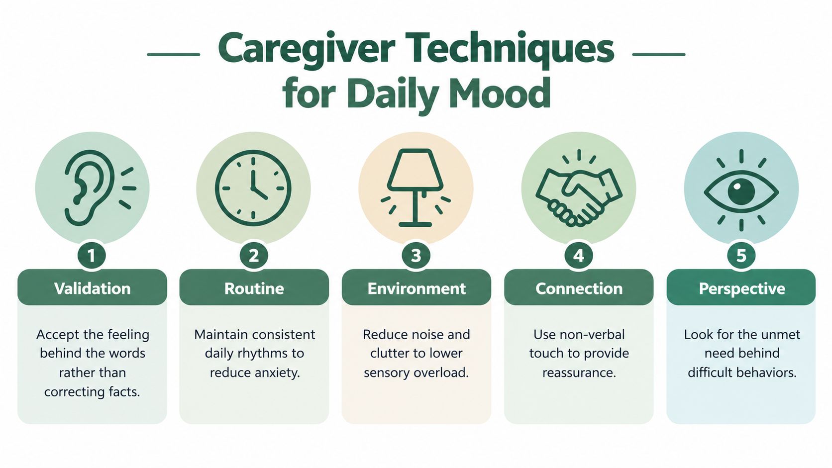 A diagram displaying five caregiver techniques for improving daily mood including validation, routine, environment, connection, and perspective.