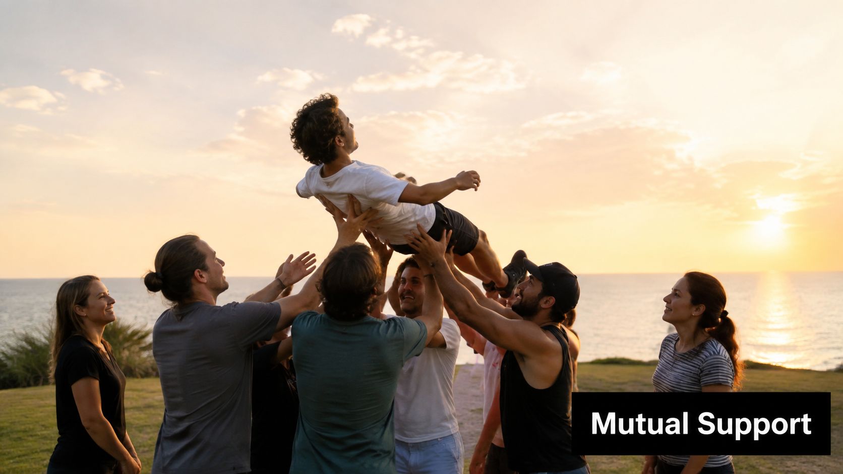 A group of friends supporting and lifting a man into the air during a sunset at beach.