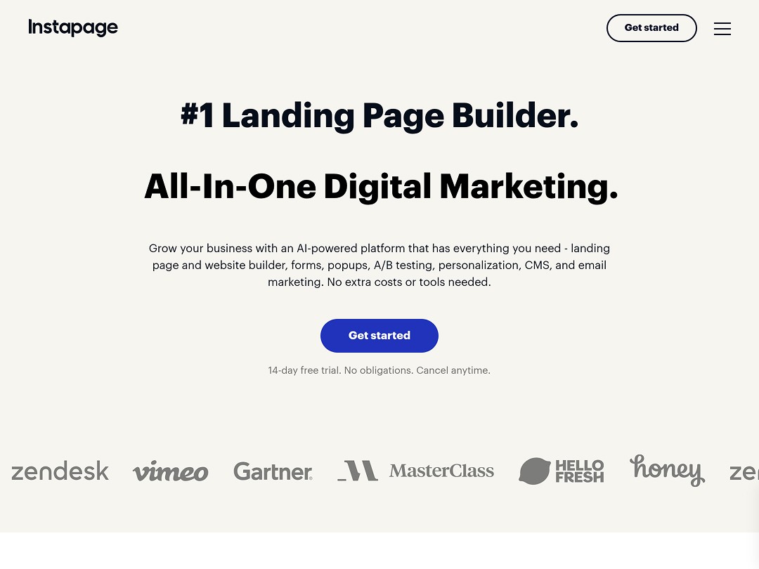 The image showcases a promotional banner for Instapage, highlighting it as the "#1 Landing Page Builder" and an "All-In-One Digital Marketing" solution featuring AI-powered tools for creating landing pages, forms, and email marketing without coding.