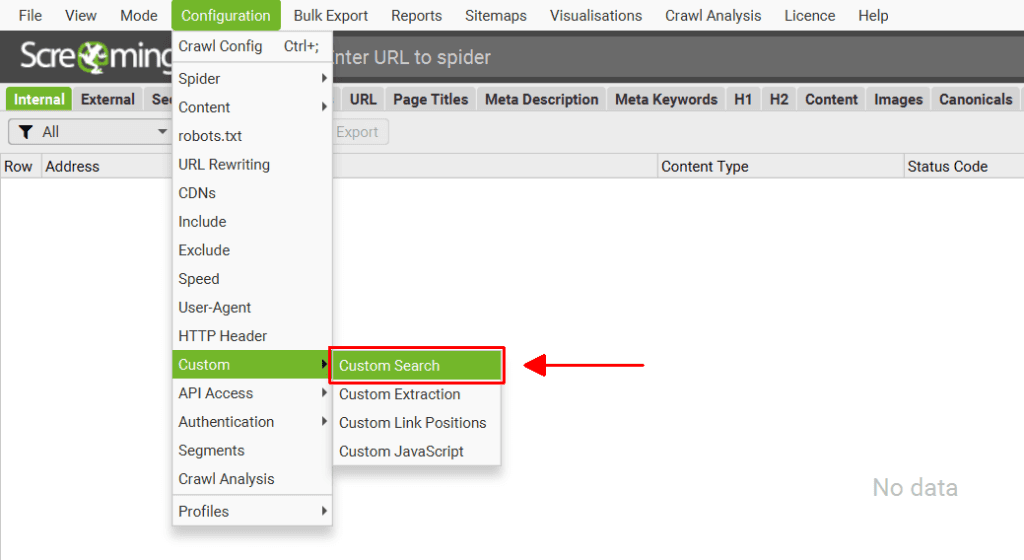 Konfigurationsmenü in Screaming Frog mit markierter Custom Search für tiefere Einblicke in Shopify-Crawls