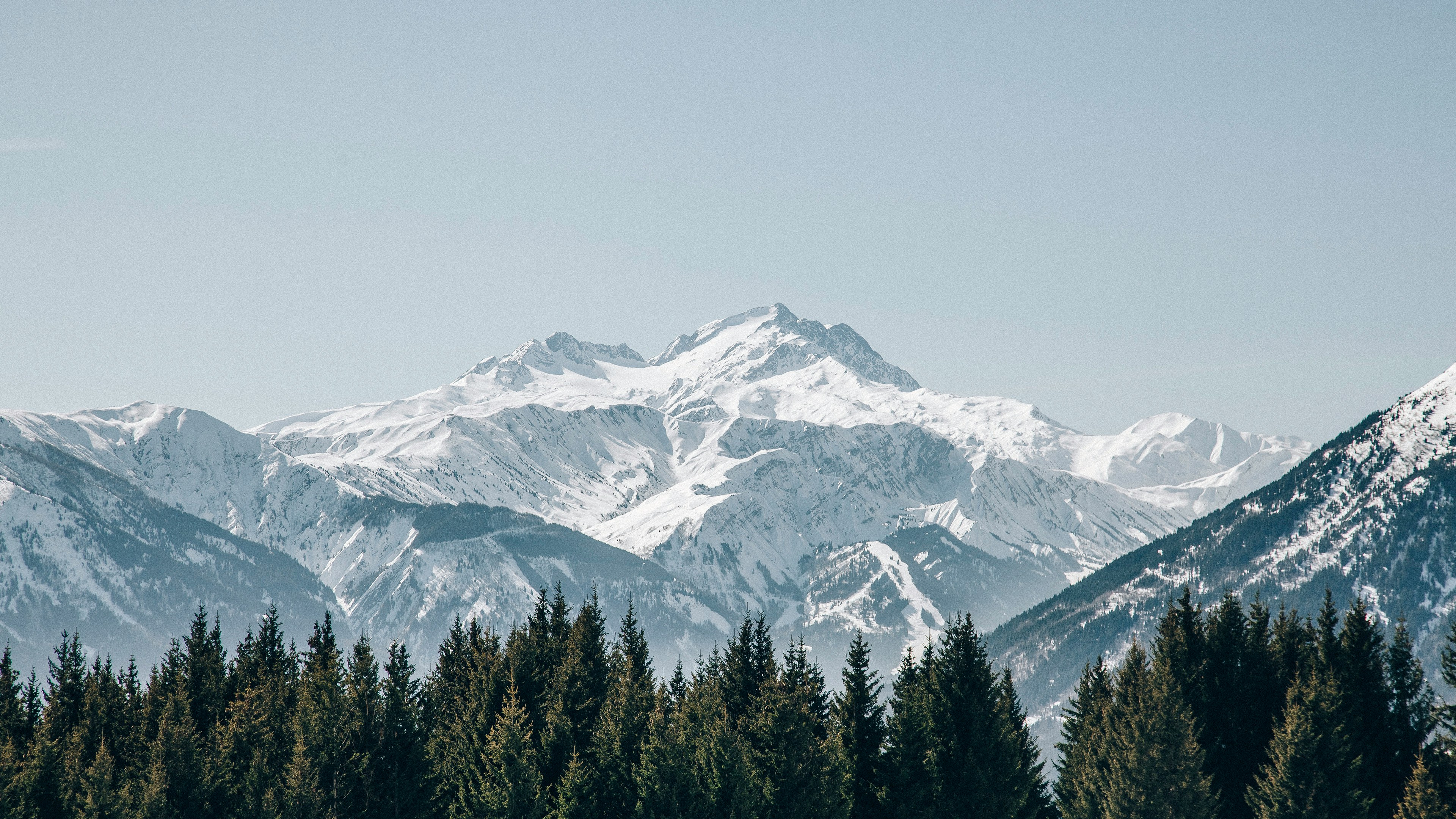 a view of a mountain range with trees in the foreground