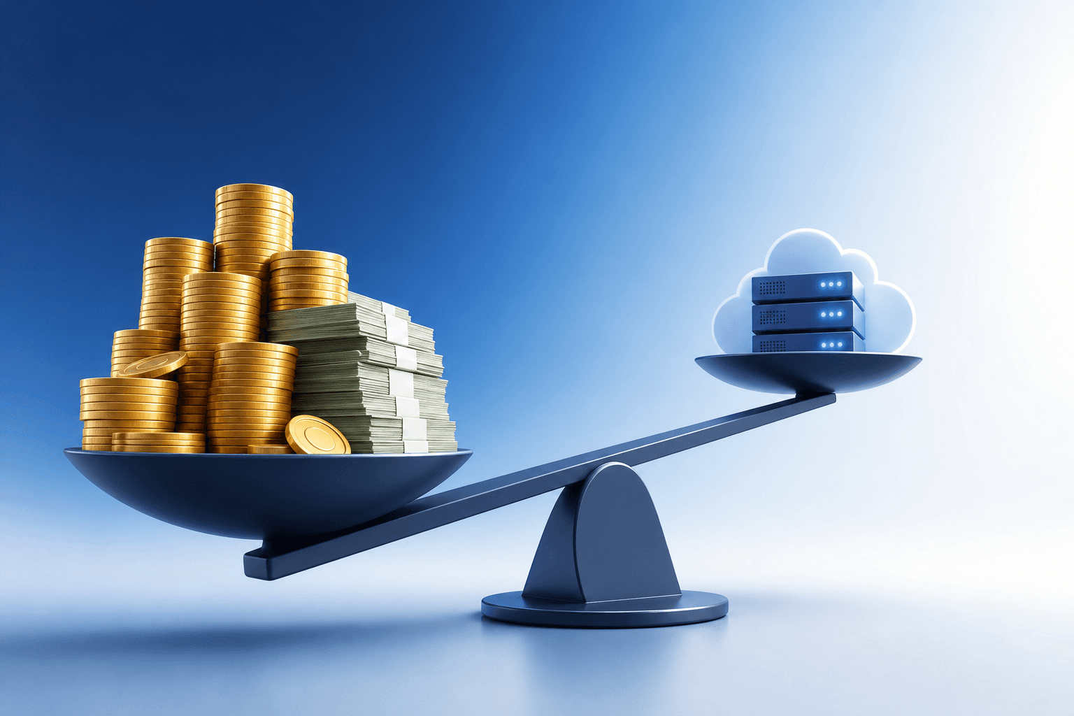 A clean, modern illustration showing a large stack of gold coins and dollar bills on one side of a scale, balanced against a small cloud server icon on the other side, with the money side weighing heavily down. The background is a soft gradient of deep blue and white. No text, no labels, no numbers, no letters anywhere in the image.