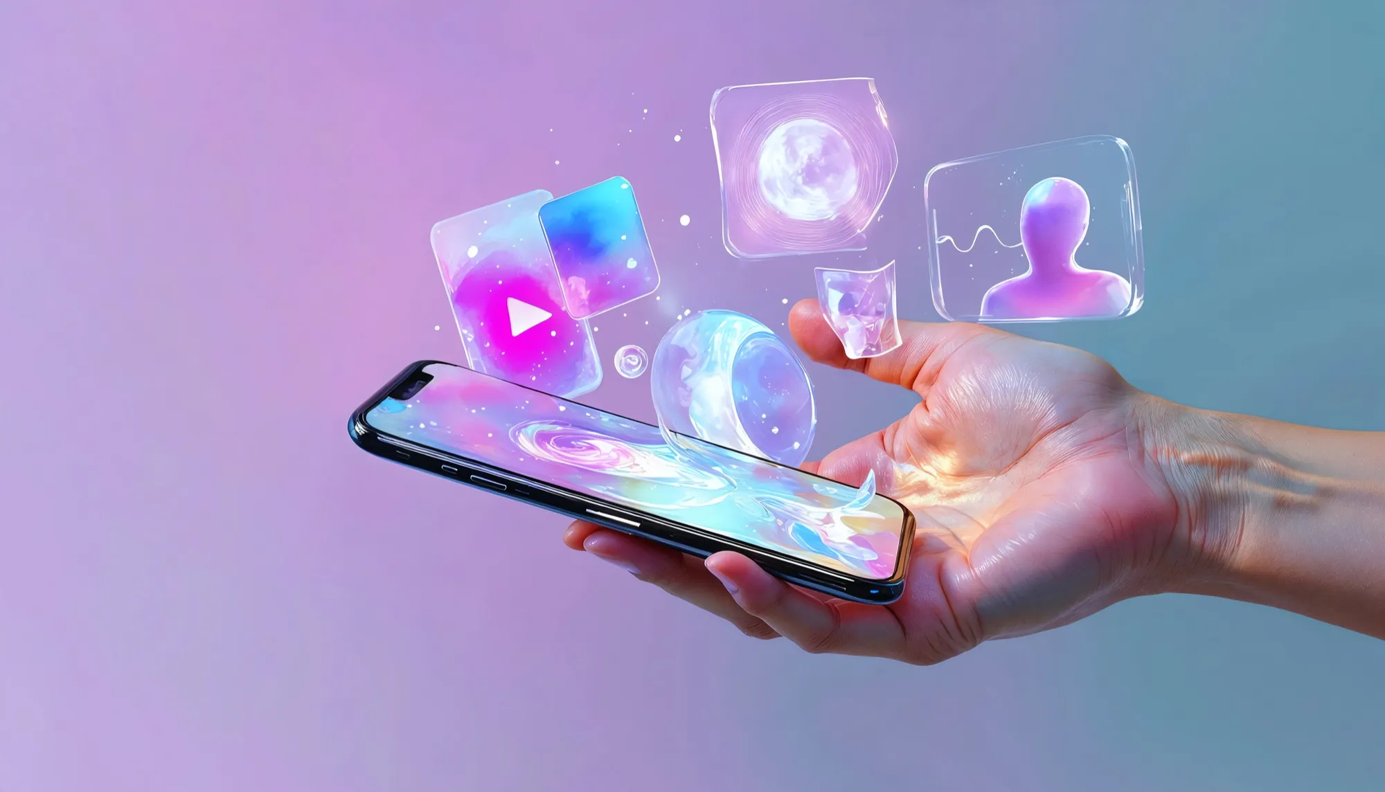 A smartphone generating futuristic, glowing media icons, symbolizing TikTok's new AI video creation tools.