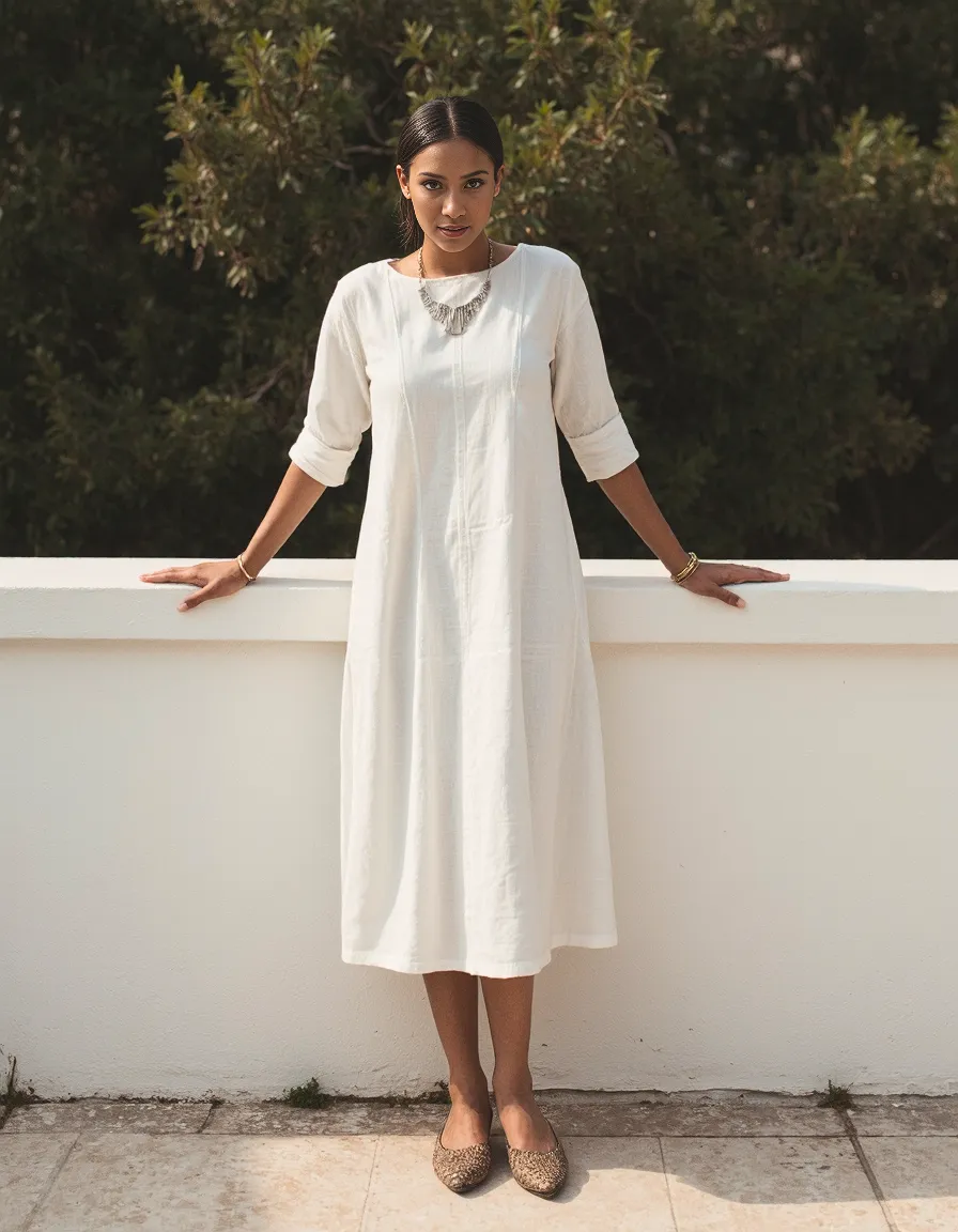 Elegant white midi dress styled with statement necklace against lush greenery backdrop, demonstrating minimalist summer fashion