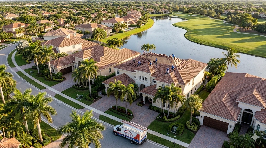 Roofing contractor Boca Raton FL — premium tile roof replacement on luxury home in Boca West by Roofing Network licensed contractor