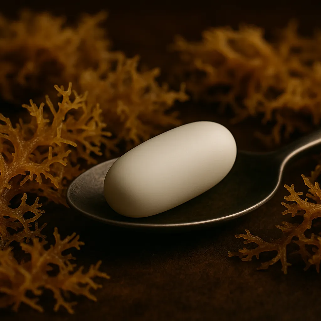 White capsule on a spoon surrounded by golden sea moss