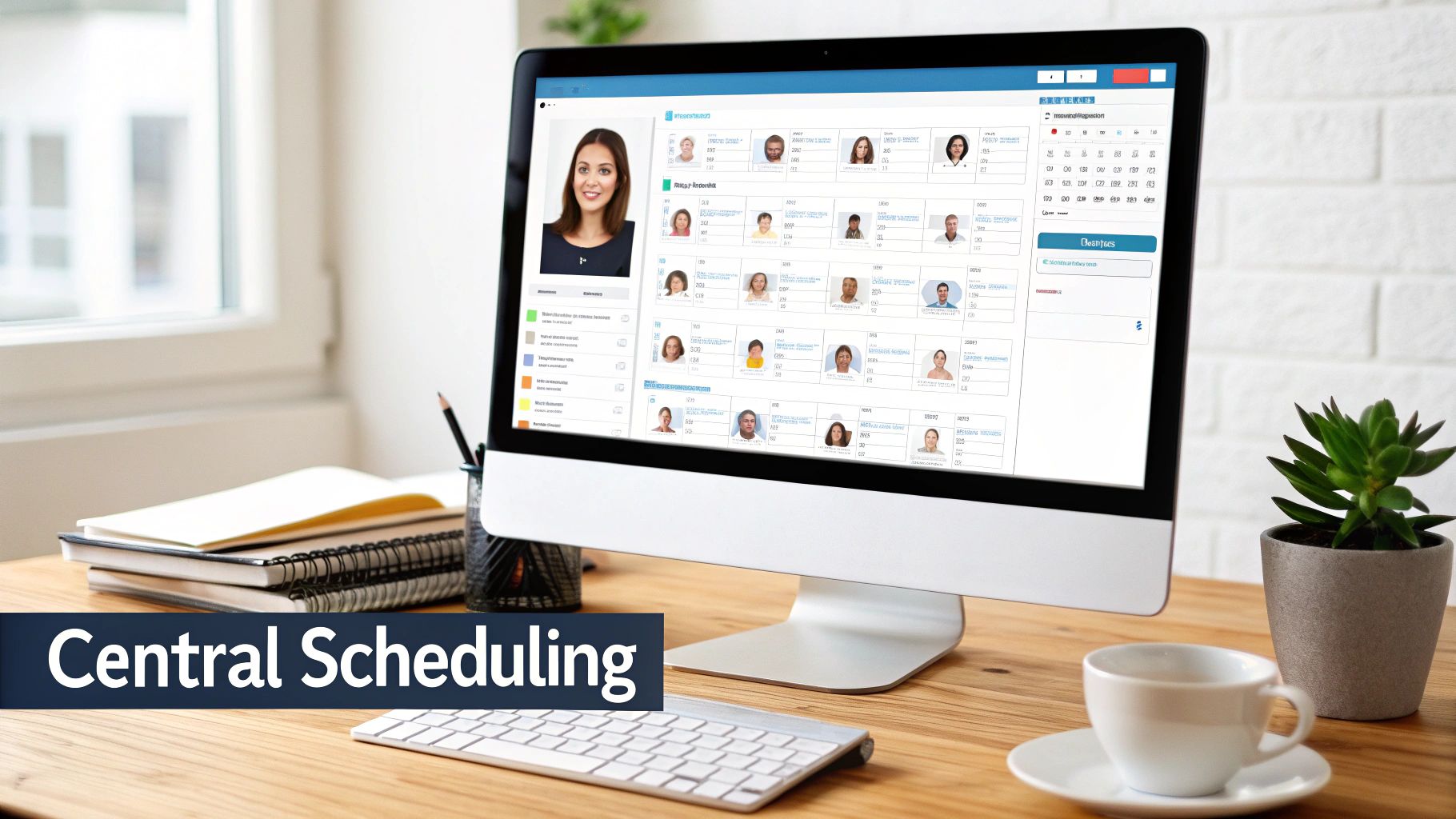 Desktop computer displaying a central scheduling application with user profiles and a calendar on a wooden desk.