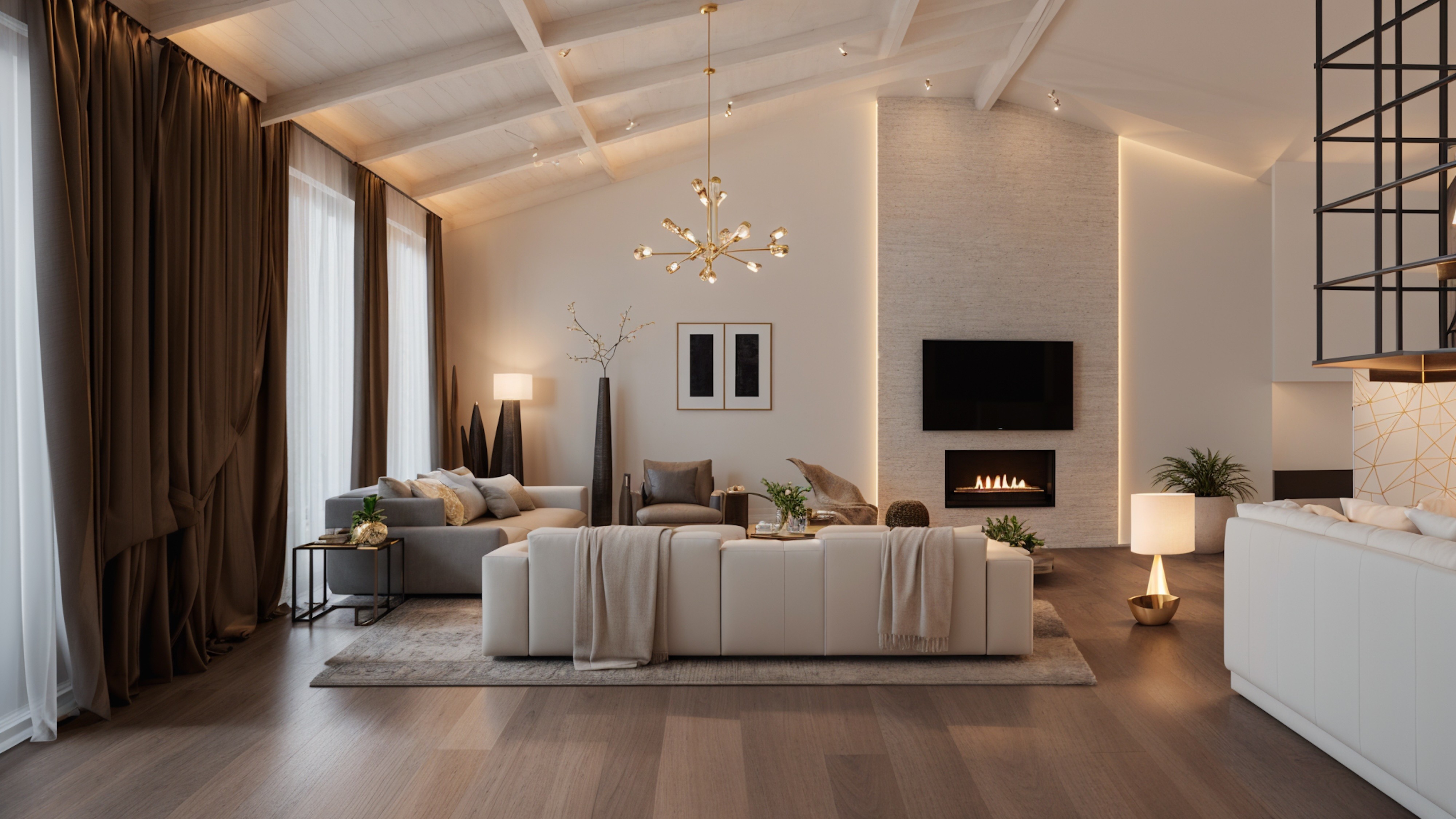 Contemporary living room with a fireplace, vaulted ceiling, and warm layered neutrals.
