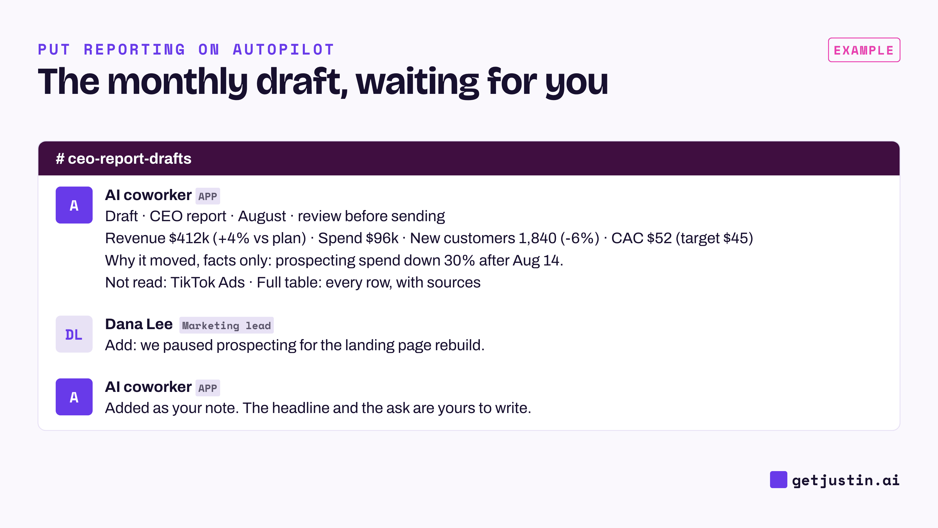 Example thread: the AI coworker posts an August CEO report draft with its numbers, a facts-only reason and one unread source.