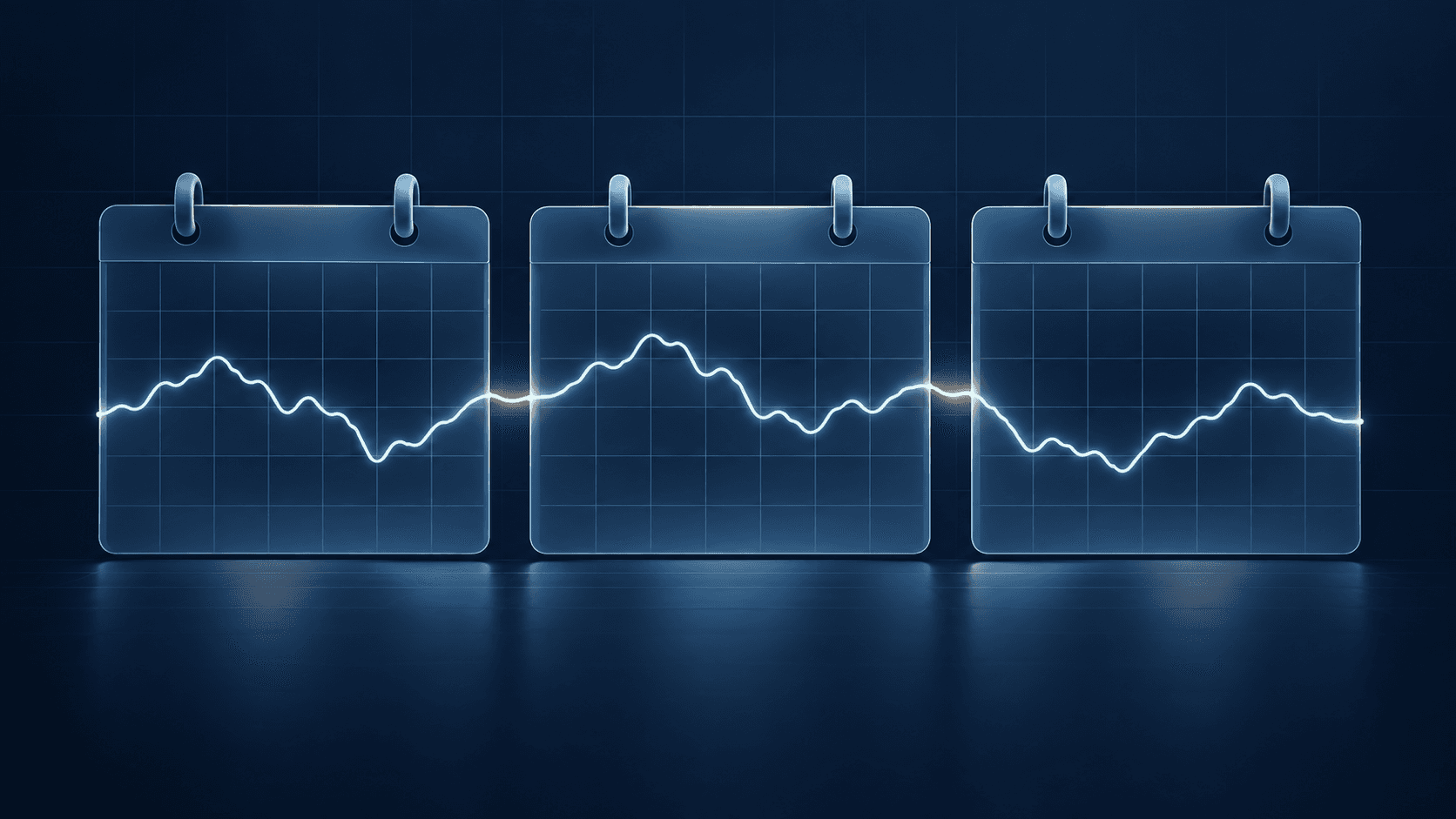 An abstract continuous market-price line spans three calendar panels, illustrating futures contract rollover