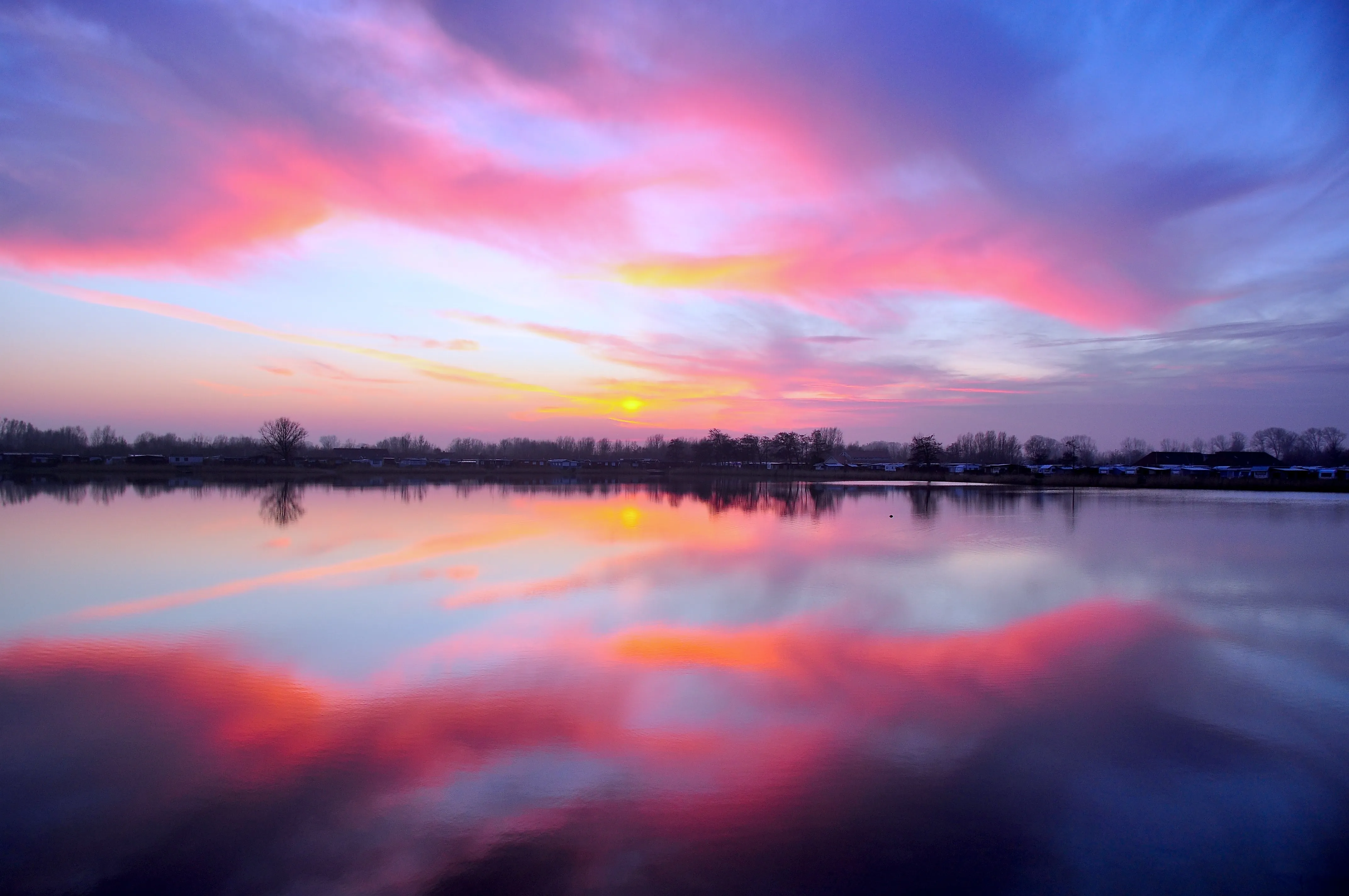 Beautiful purple and pink horizon sunrise in the sky in Cuxhaven, Germany