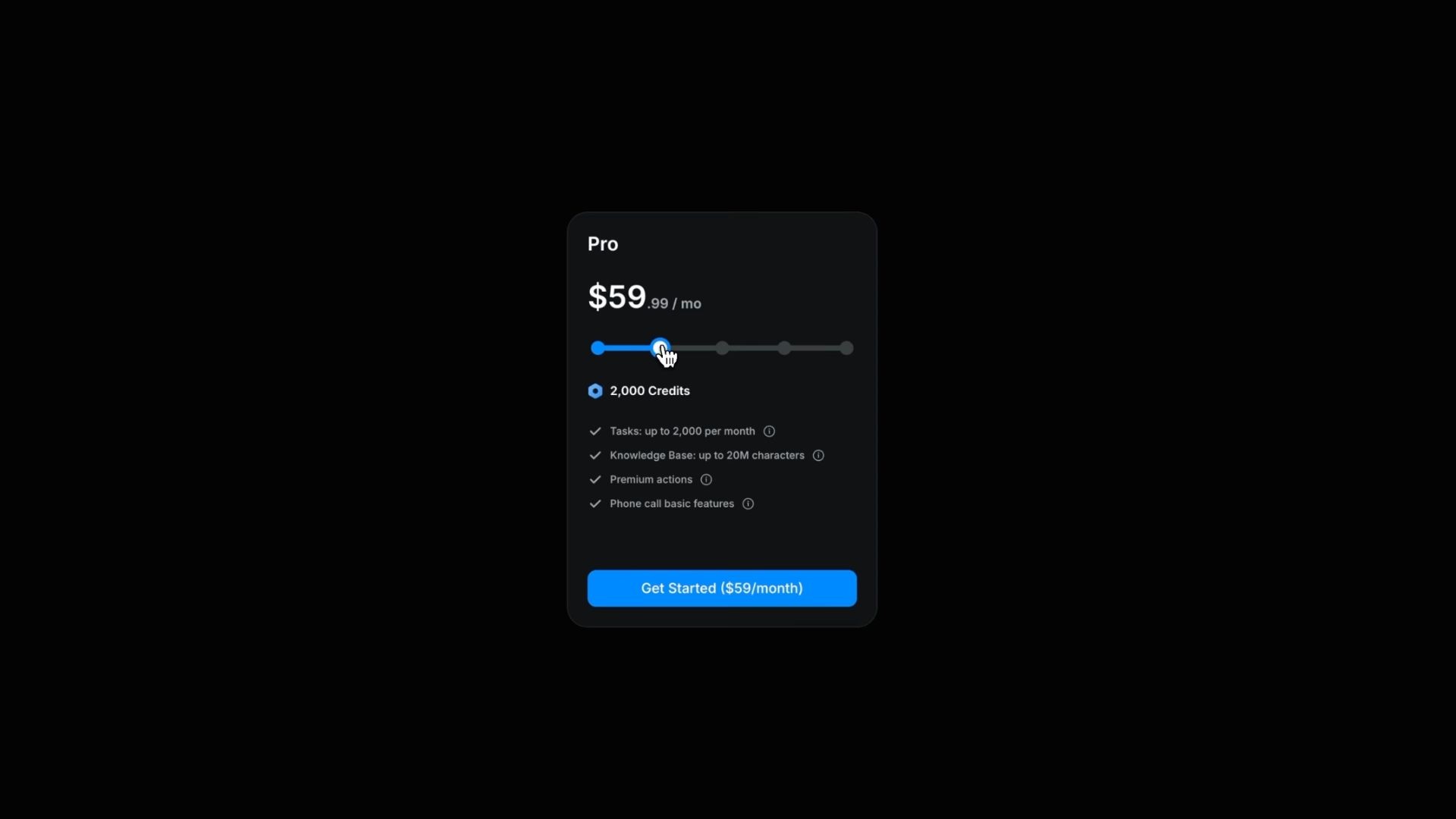 User interface for a 'Pro' pricing plan slider set at $59.99 per month, offering 2,000 credits and various features, with a 'Get Started' button