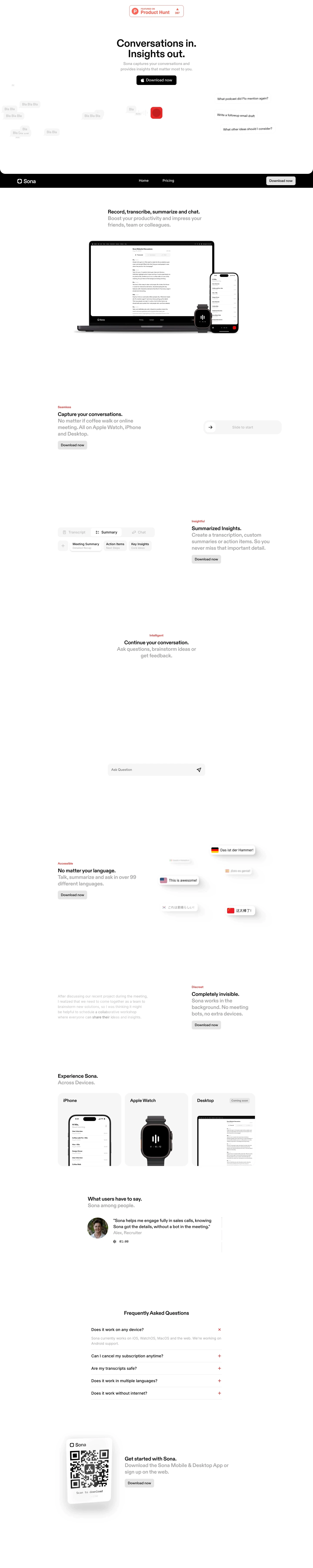 Sona landing page screenshot showcasing AI and Tech design