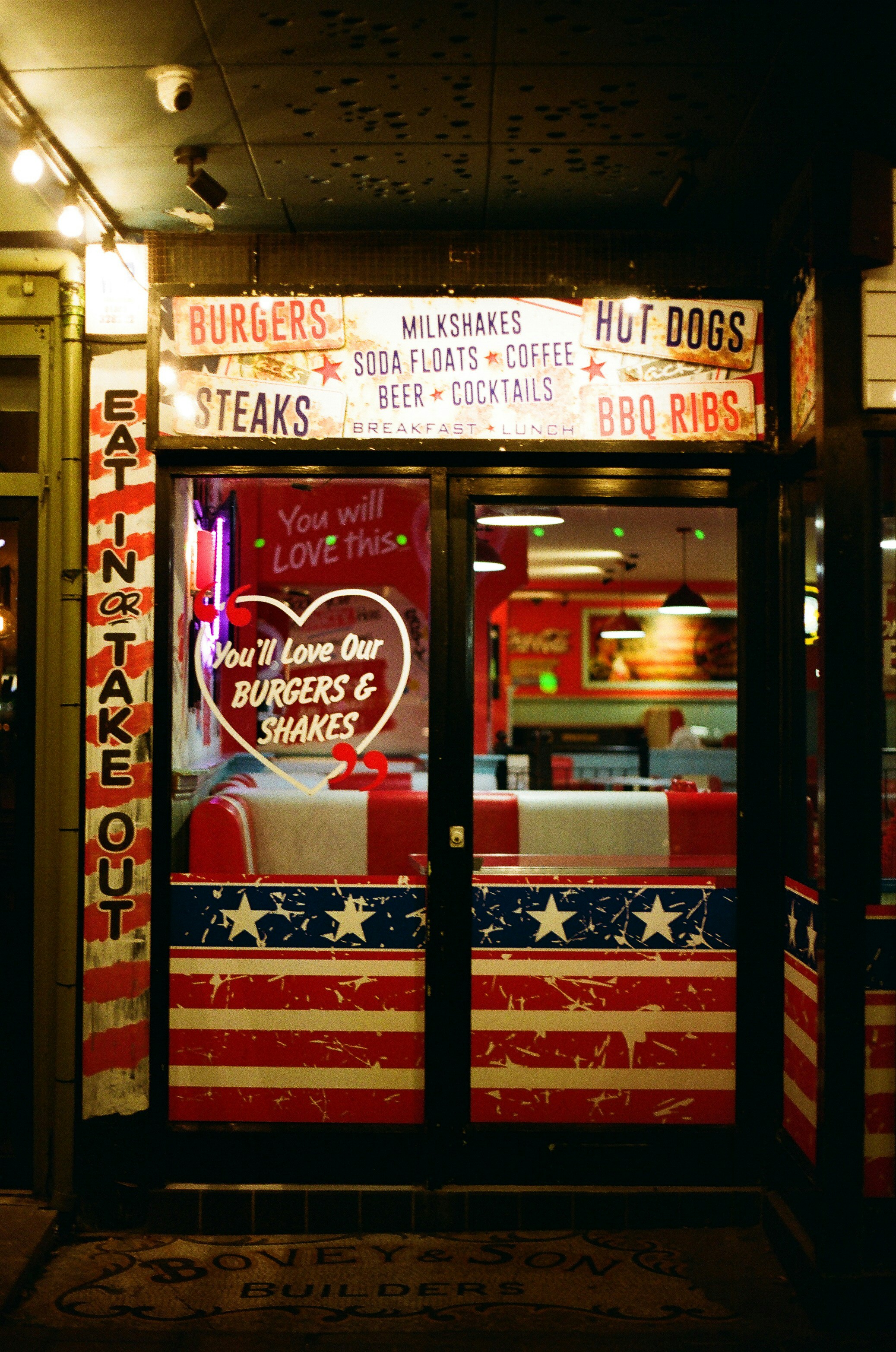 Diner entrance with american flag decorations
